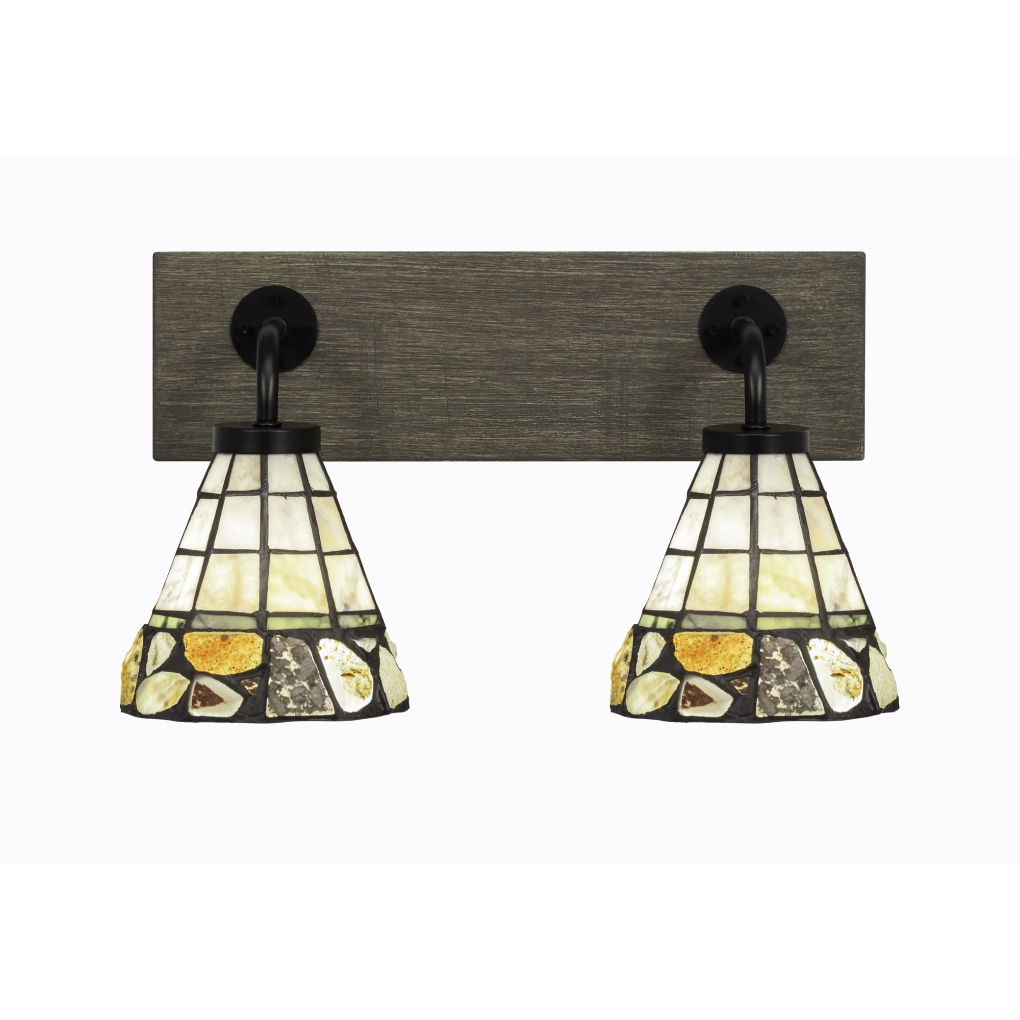 Oxbridge 2 Light Bath Bar In Matte Black & Painted Distressed Wood-Look Metal Finish With 7" Cobblestone Art Glass