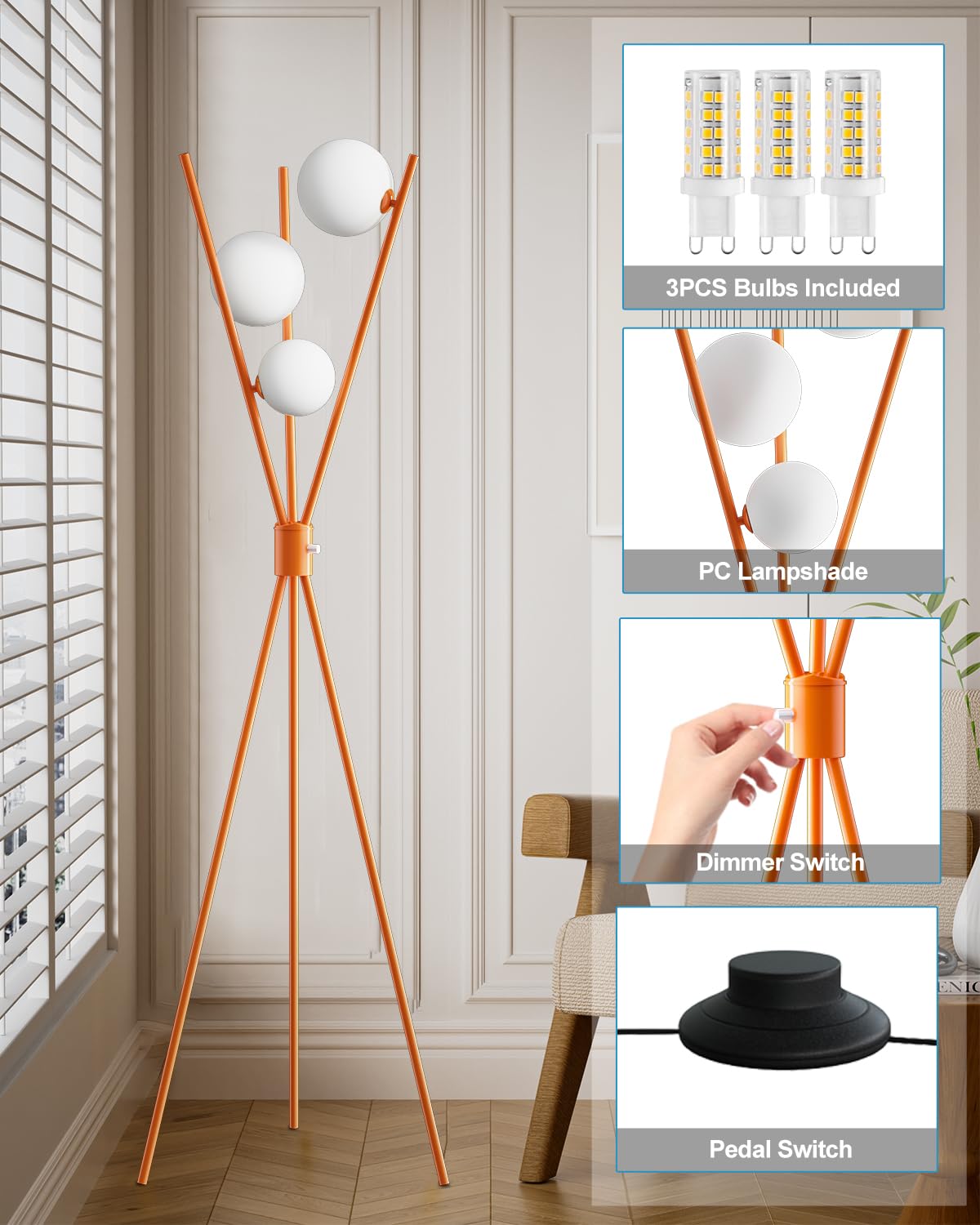 Lightdot Tripod Floor Lamp - Stepless Dimmable with 3 G9 Bulbs, 3000K, Orange, Mid Century Modern, Model LFLL