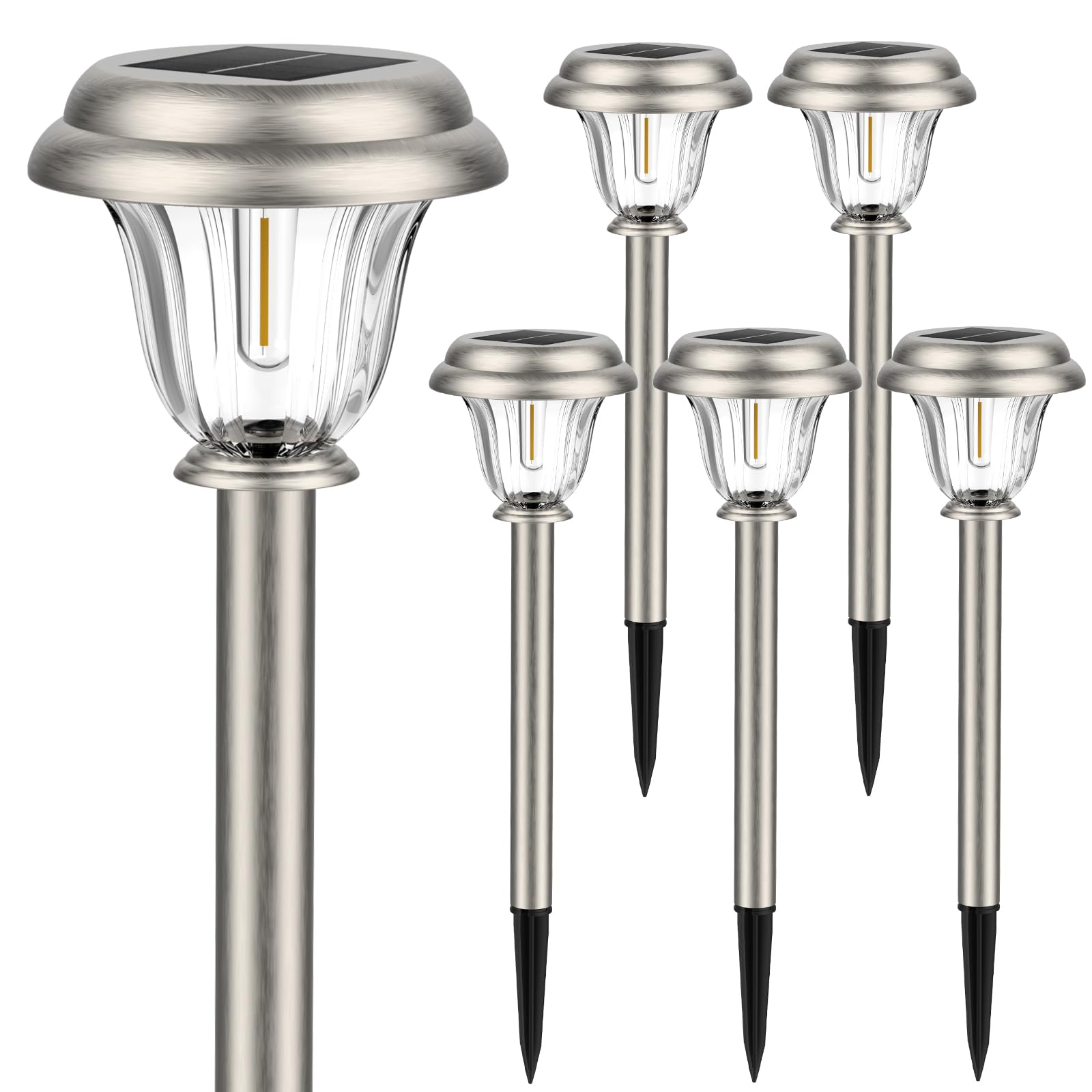 DERAYSION Solar Lights Outdoor Waterproof  Brushed Stainless Steel Glass Solar Pathway Lights  Auto On/Off Long-Lasting Outdoor Solar Lights for Garden  Landscape  Path  Yard 6 Pack