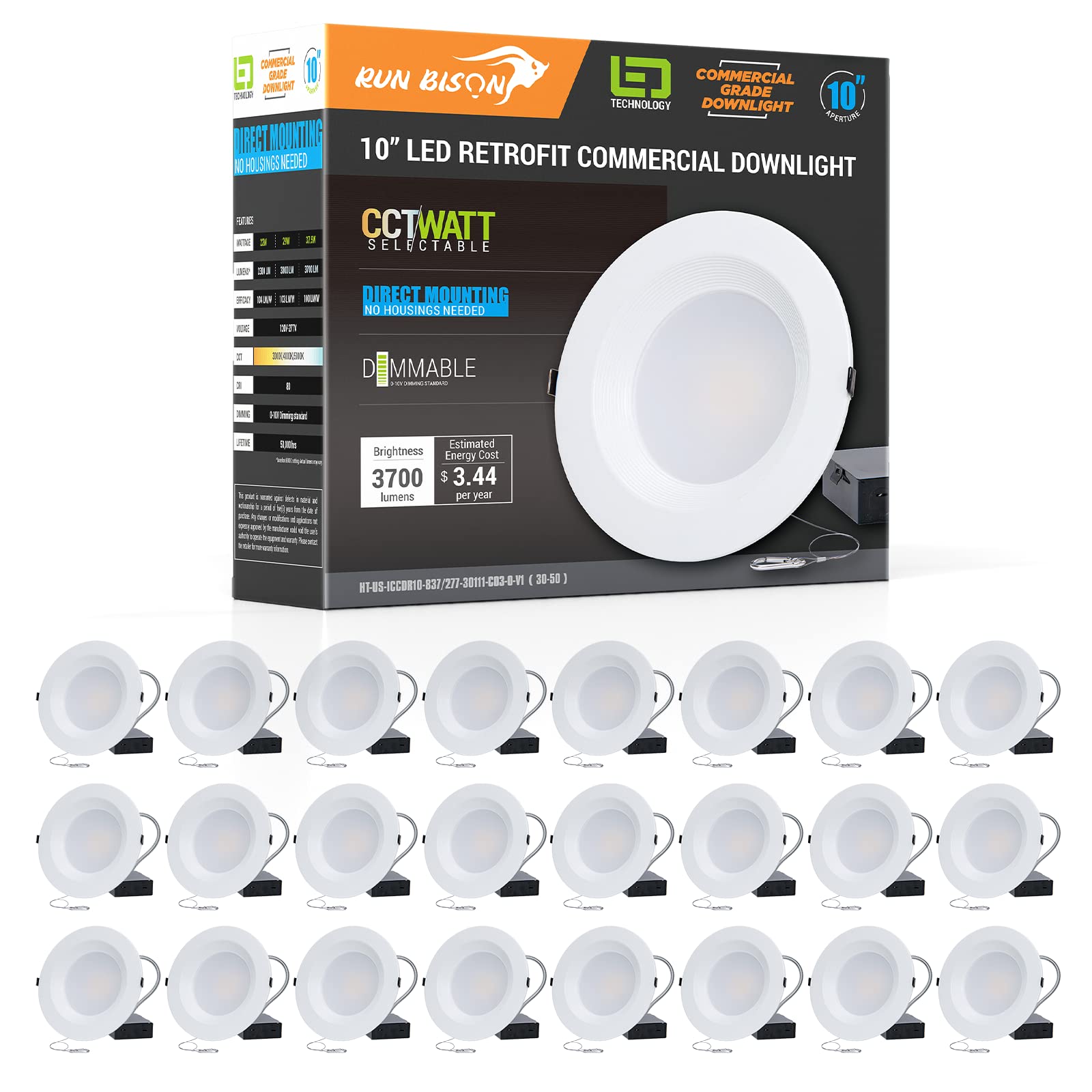10 Inch Recessed LED Commercial Downlight with J-Box, Wattage Adjustable 22/29/37.5W,3 Color Selectable 3000K-5000K, 120-277V,0-