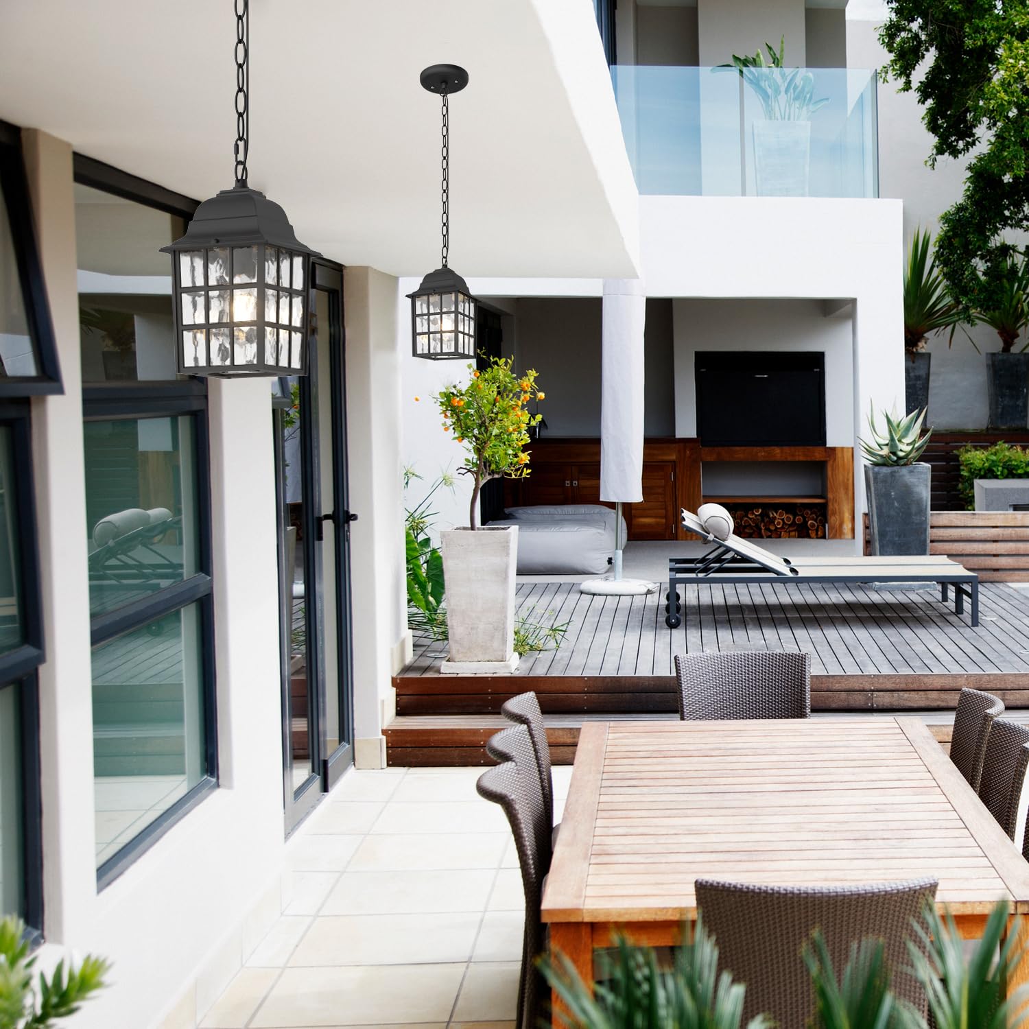 Aoceley Outdoor Pendant Light - Black Ceiling Lantern With Water Glass For Porch & Yard