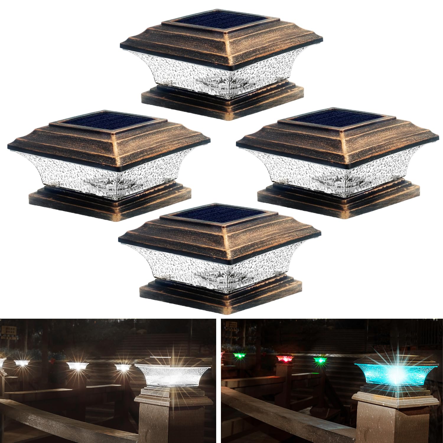 HUYIENO Solar Post Cap Lights - Outdoor LED Deck Fence Cap Light with 9 Light Modes, Bright White & 7 Color Fixed/Cycling Modes