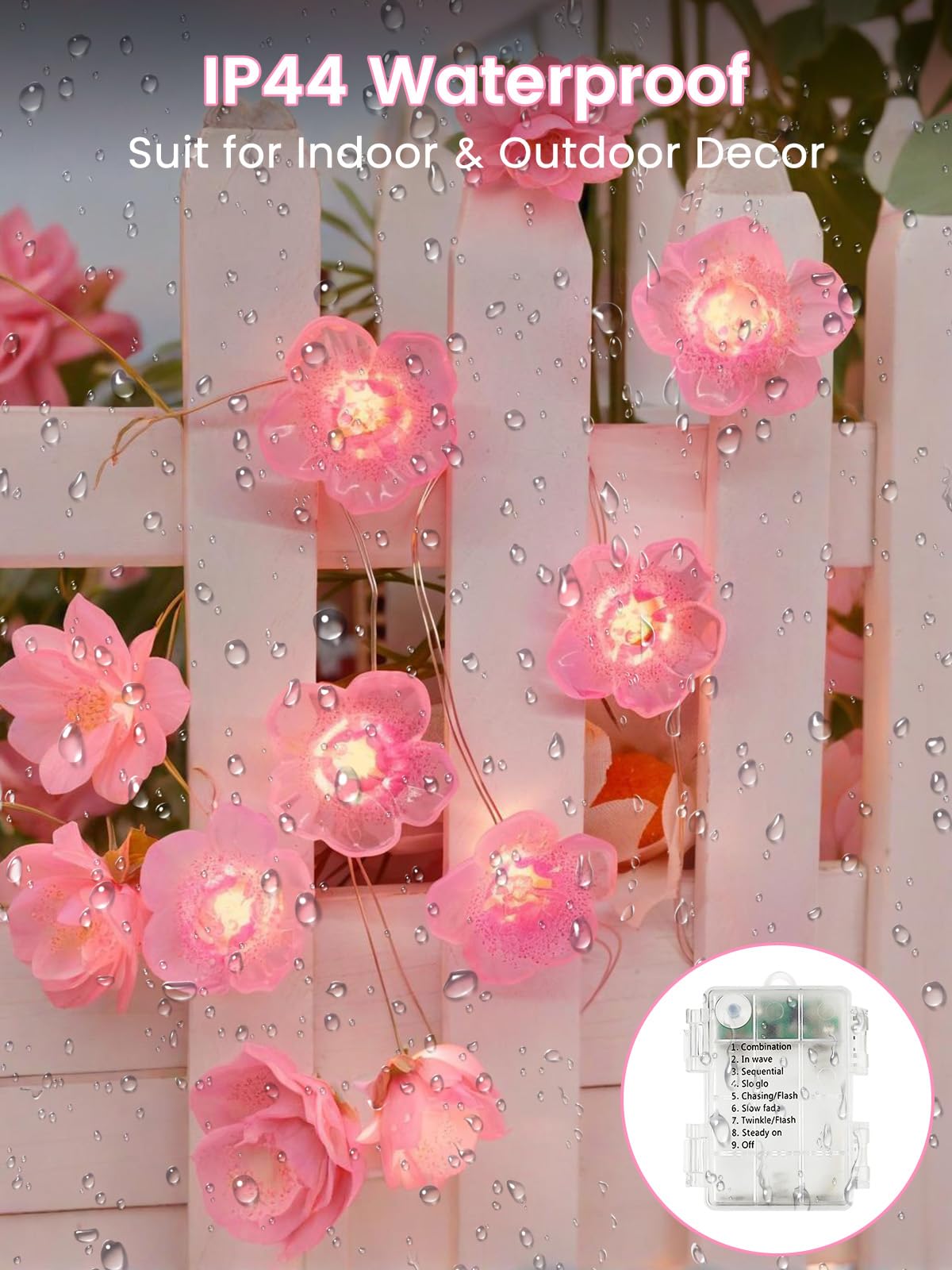 Cherry Blossom Flower String Lights For Bedroom, Pink Fairy Lights Battery Operated With Remote & 8 Modes & Timer, 10Ft 30 Led W