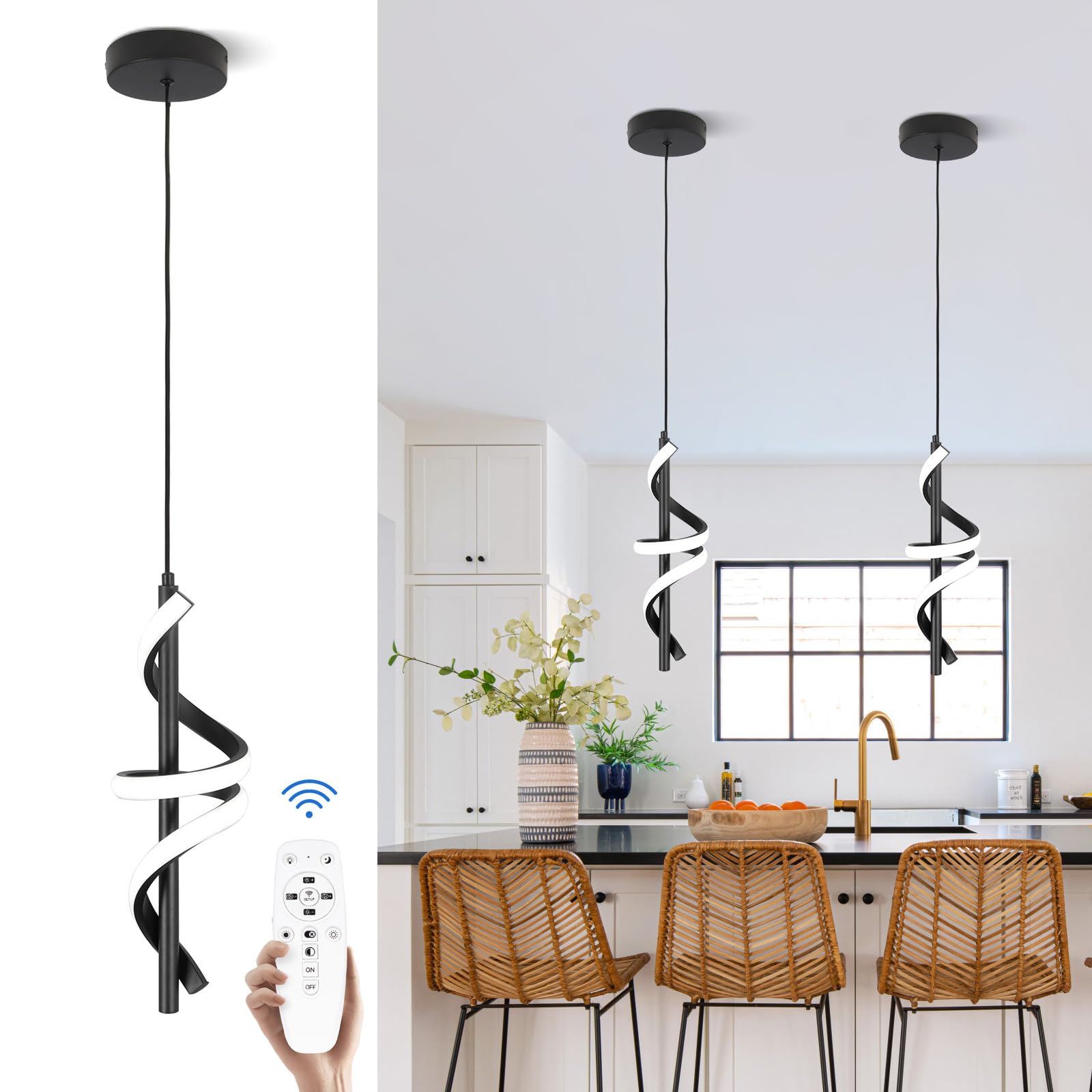 CANEOE Black Pendant Light Fixtures  3000K-6000K Dimmable Modern LED Pendant Lights Kitchen Island Pendant Lighting for Dining Room Living Room Bedroom Hanging Light Fixtures 1 Pack