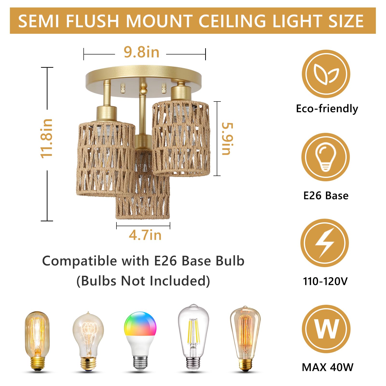 3-Lights Boho Light Fixtures - Farmhouse Rattan Light Fixture With Woven Cage Shade, Gold Semi Flush Mount Ceiling Lights For Be