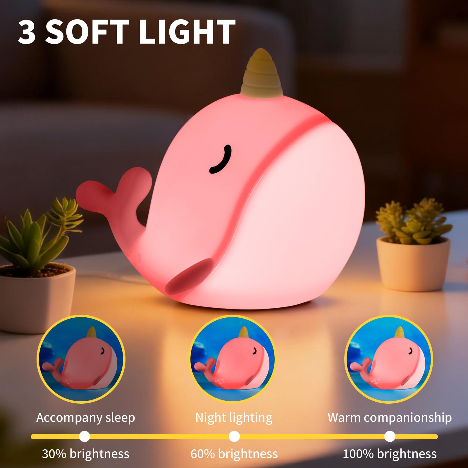Hpydiy Cute Narwhal Night Light  Tap Control With 3 Warm White Brightness  Usb Kids Bed Lamp With 30-Minute Timer  Soft Silicone Glow For Nursery  Birthday Gift(Pink Narwhal)