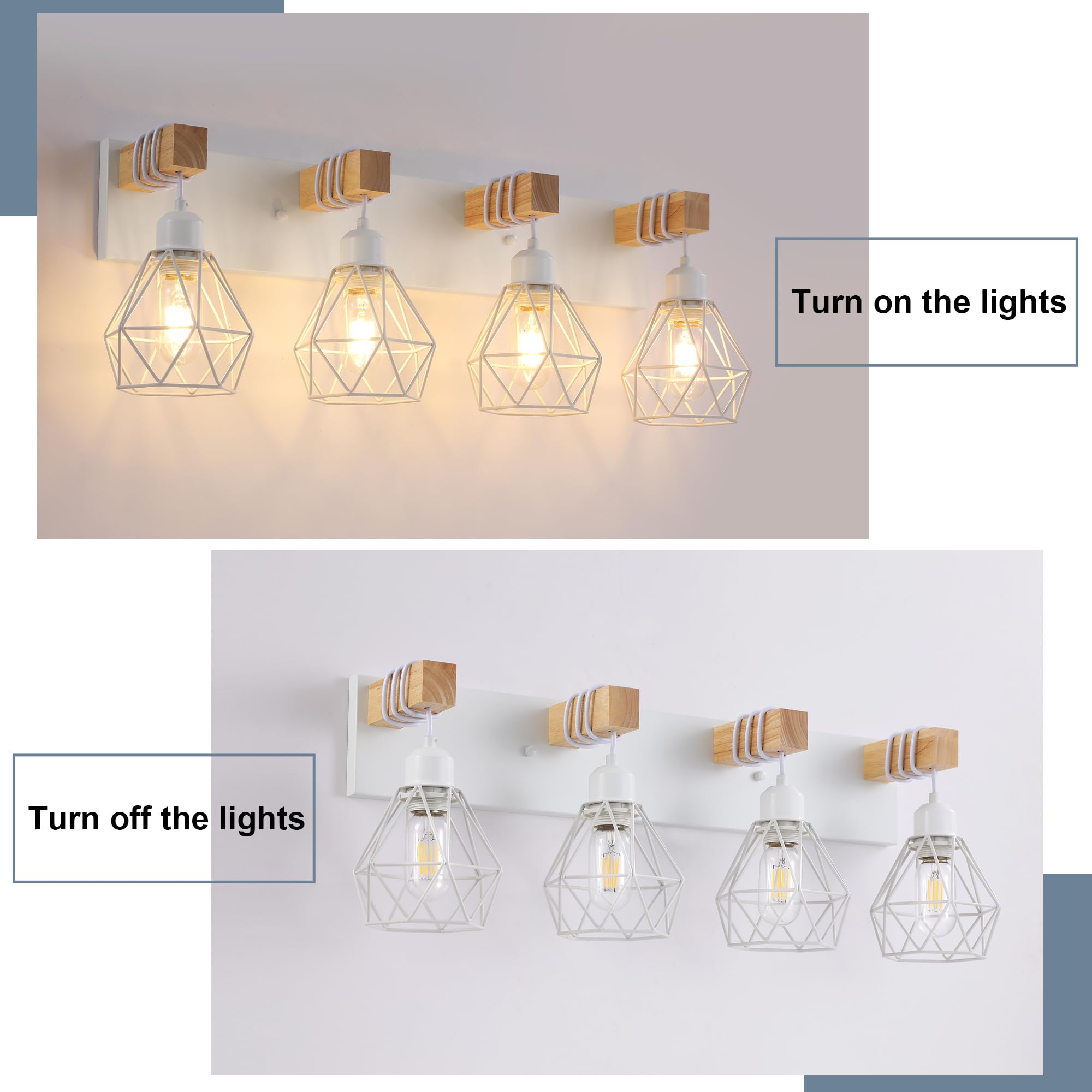 Farmhouse Vanity Light For Bathroom, 4-Light White Wood Bathroom Vanity Light Fixtures Over Mirror, Rustic Sconces Wall Lighting