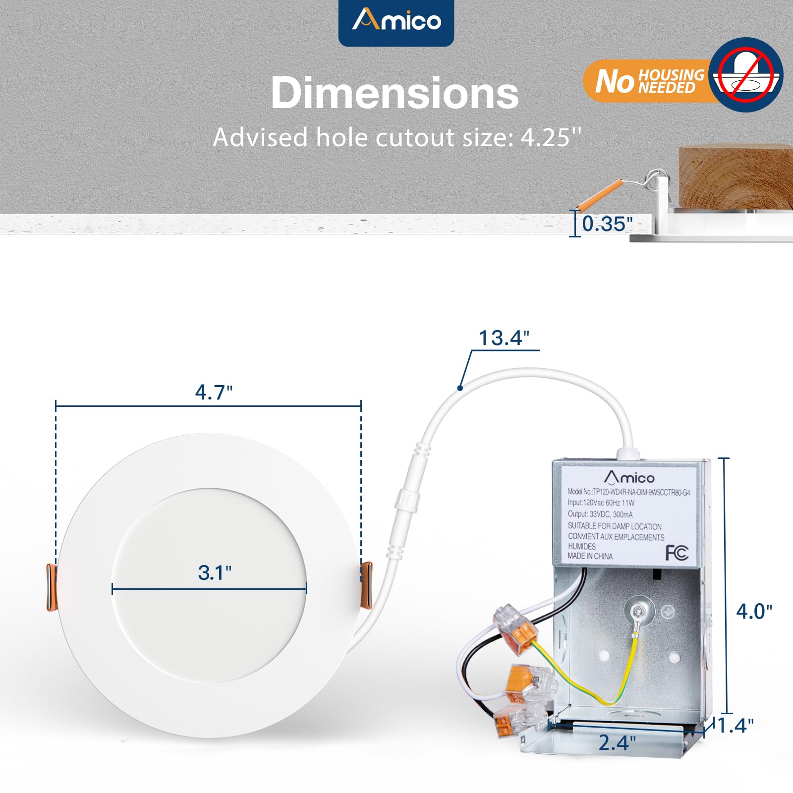 Amico 20 Pack 4 Inch 5Cct Ultra-Thin Led Recessed Ceiling Light With Junction Box, 2700K/3000K/4000K/5000K/6000K Selectable, 11W