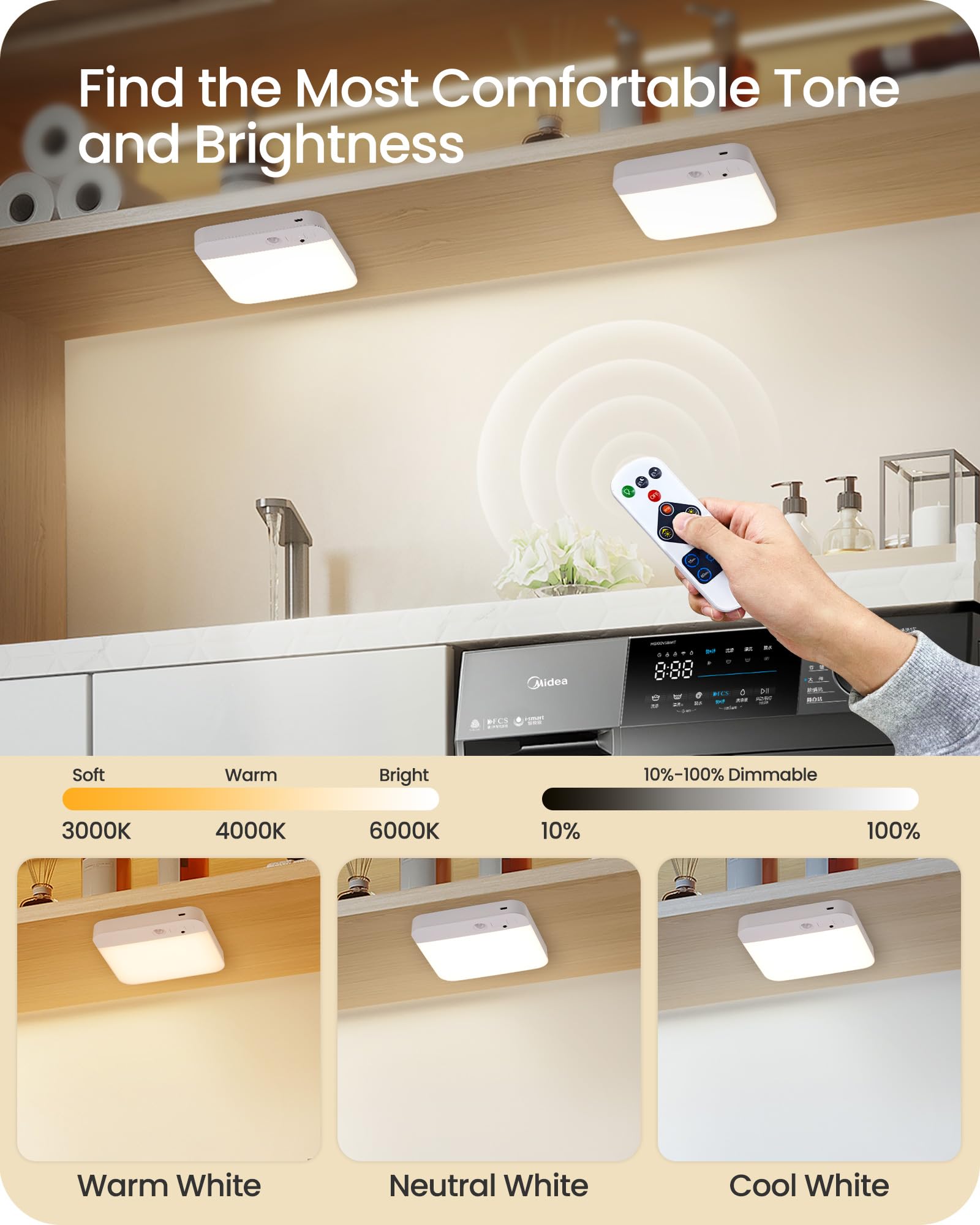 Rechargeable Motion Sensor Ceiling Light Wireless, Battery Operated Ceiling Light With Remote, No Wiring, Magnetic, 3 Colors, Di