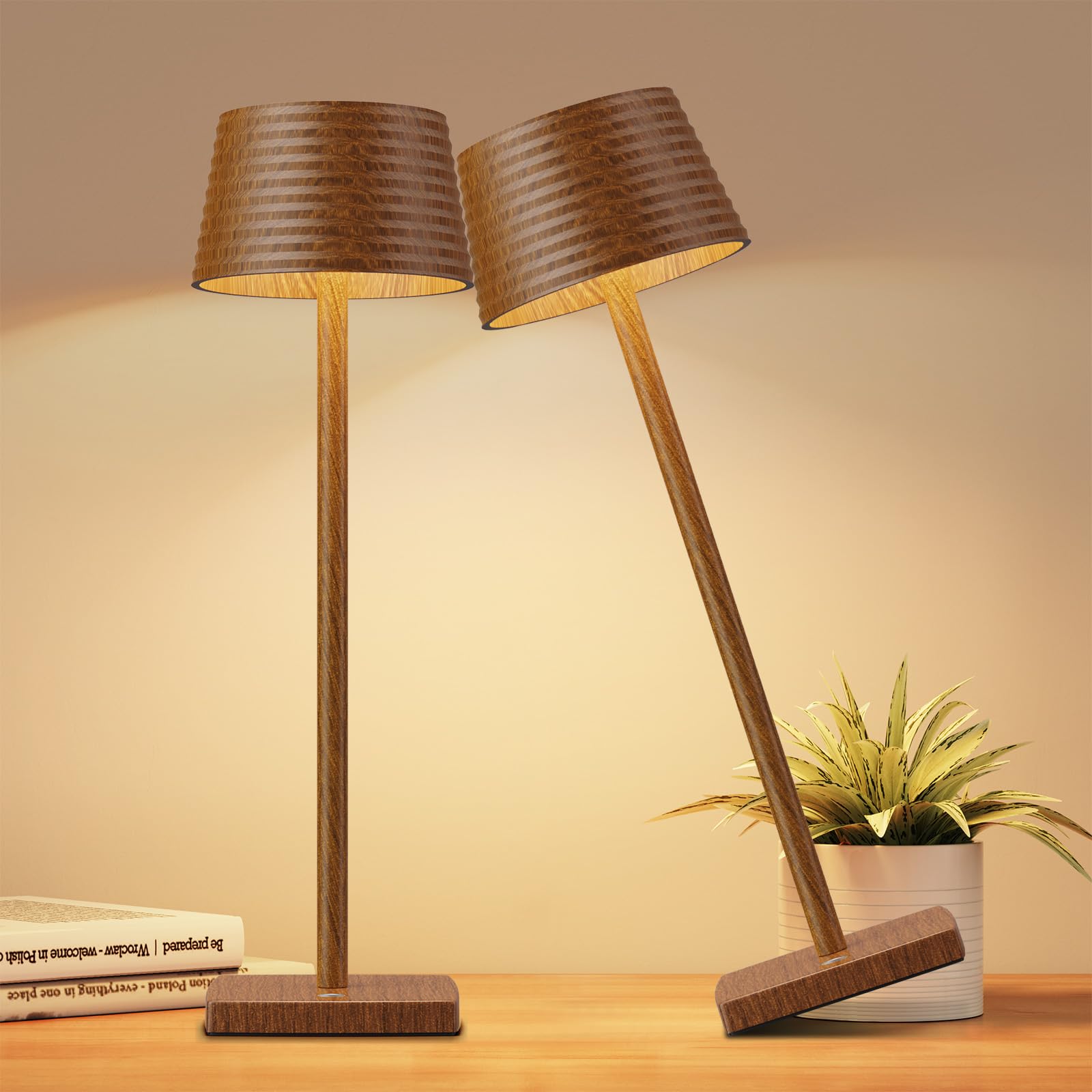 YIBEN Cordless Table Lamps 2Pack, Rechargeable LED, IP54 Waterproof, 6000mAh Battery, Small, Wood Grain, Model S816