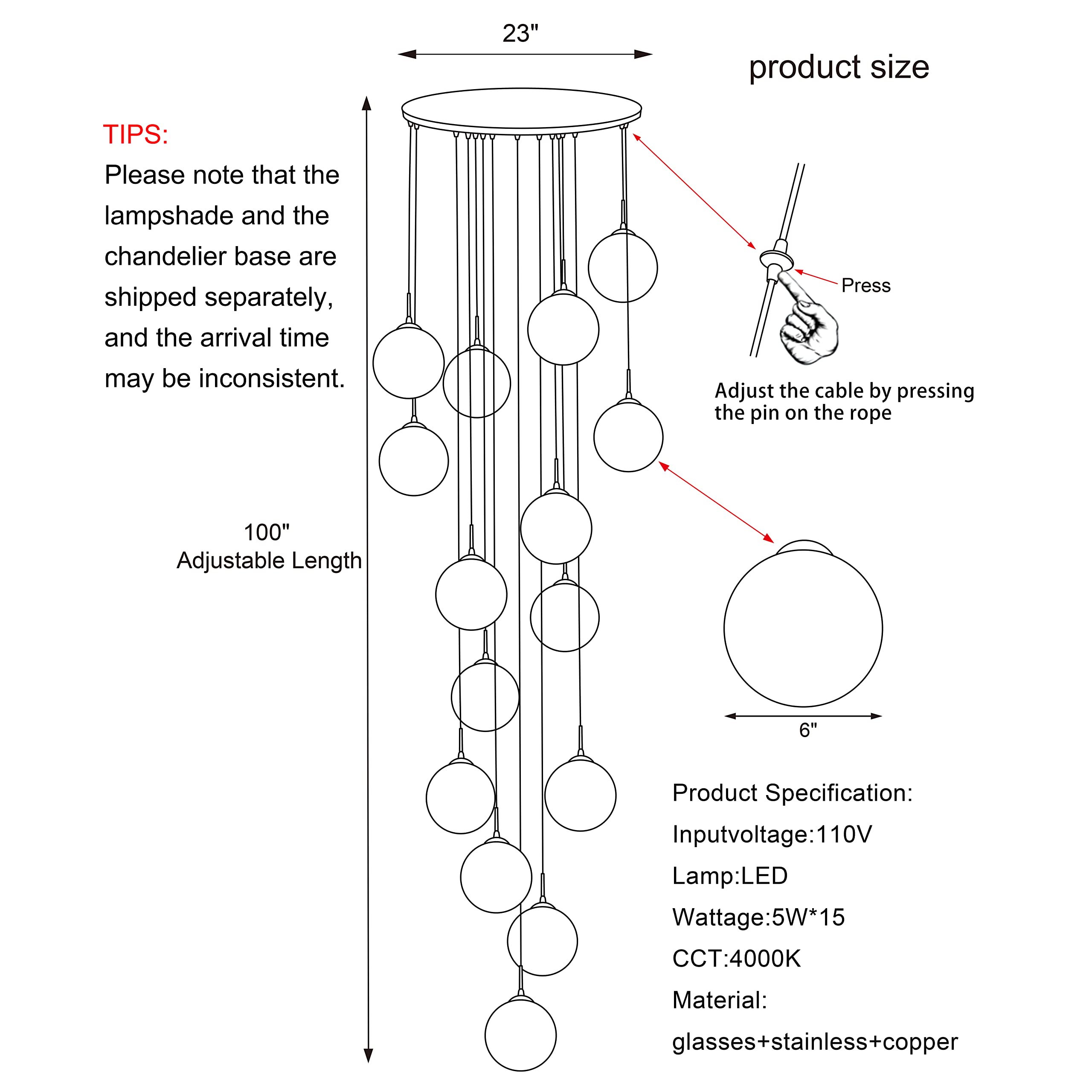 Kaucqi 15-Light Led Chandelier - Modern Crystal Ceiling Light For High Ceilings, Adjustable 23&quot;W X 100&quot;H