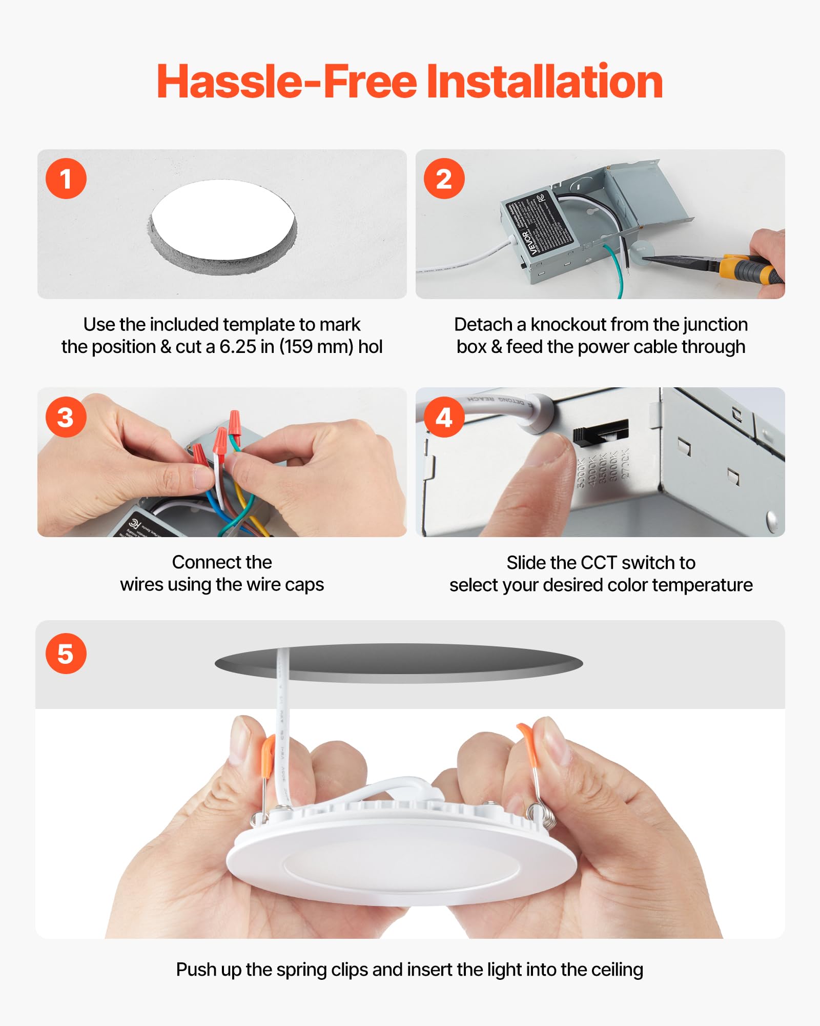 VEVOR 12 Pack 6 Inch LED Recessed Ceiling Light, 5CCT, Canless Wafer Downlight with Junction Box, 2700K/3000K/3500K/4000K/5000K