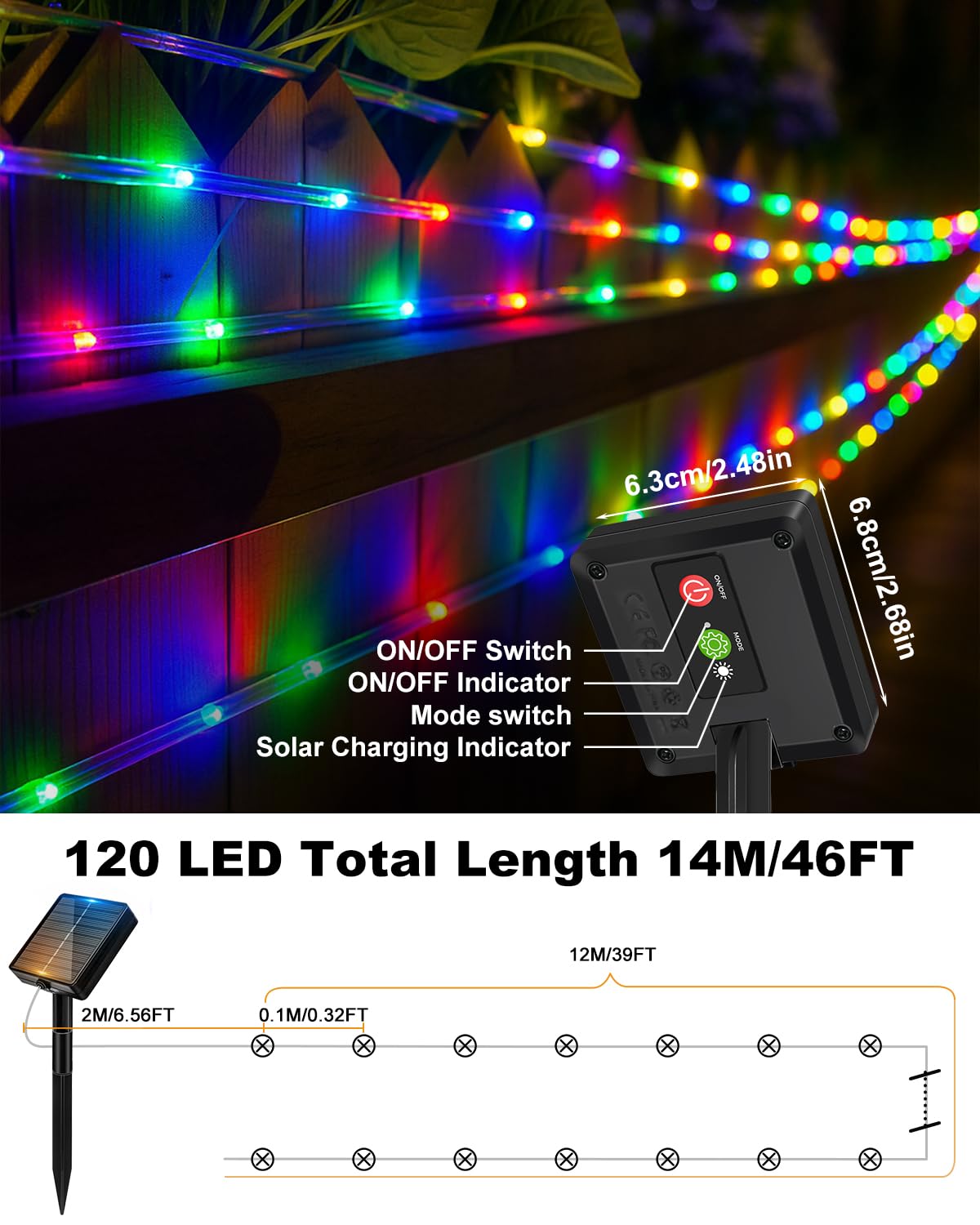 Btfarm 2 Pack Solar Rope Lights Outdoor  120Led 46Ft Solar String Lights Outside Waterproof  8 Lighting Modes Tree Tube Fairy Light Solar Powered For Garden Christmas Yard Party Decoration  Multicolor