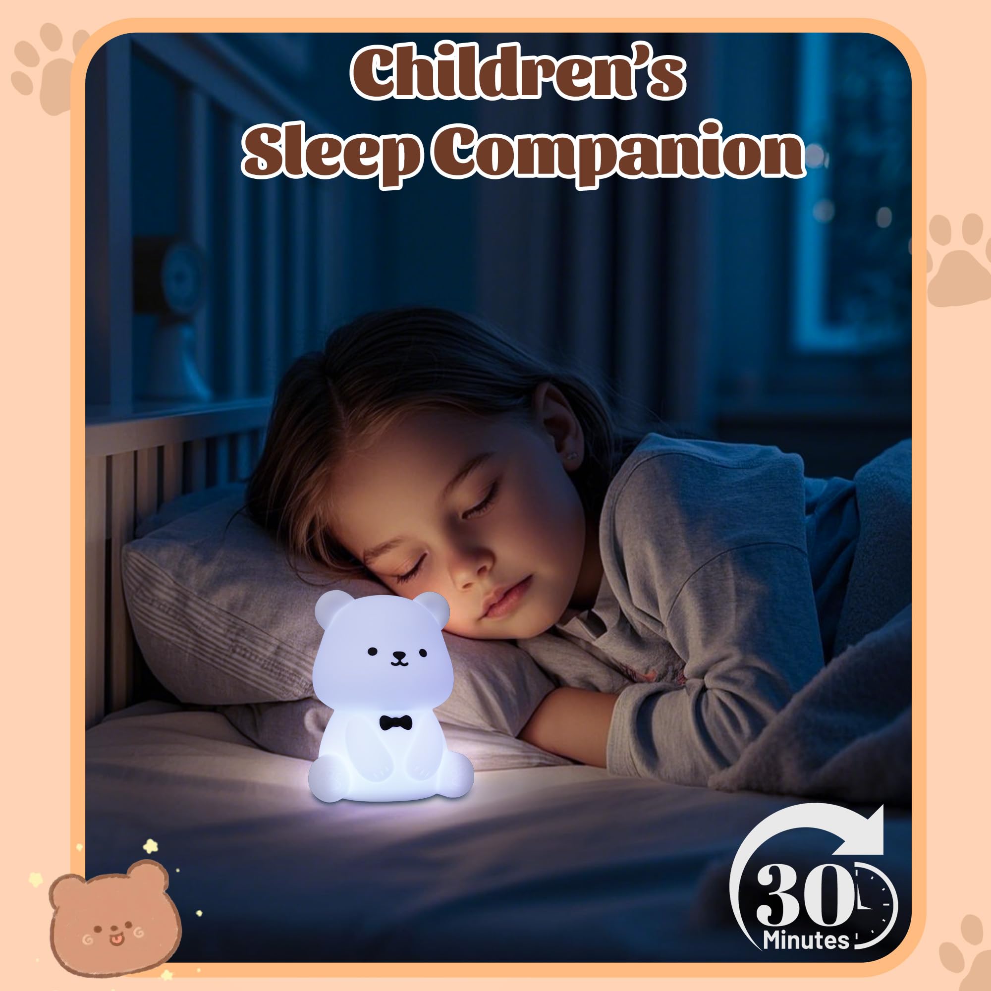 Attivolife Teddy Bear Night Light For Kids  Baby Nursery Beside Silicone Lamp  Protable Usb Rechargeable Kids  Bedroom Nightlight With 8 Color Lights  Birthday Christmas Gifts For Girl Boy Children