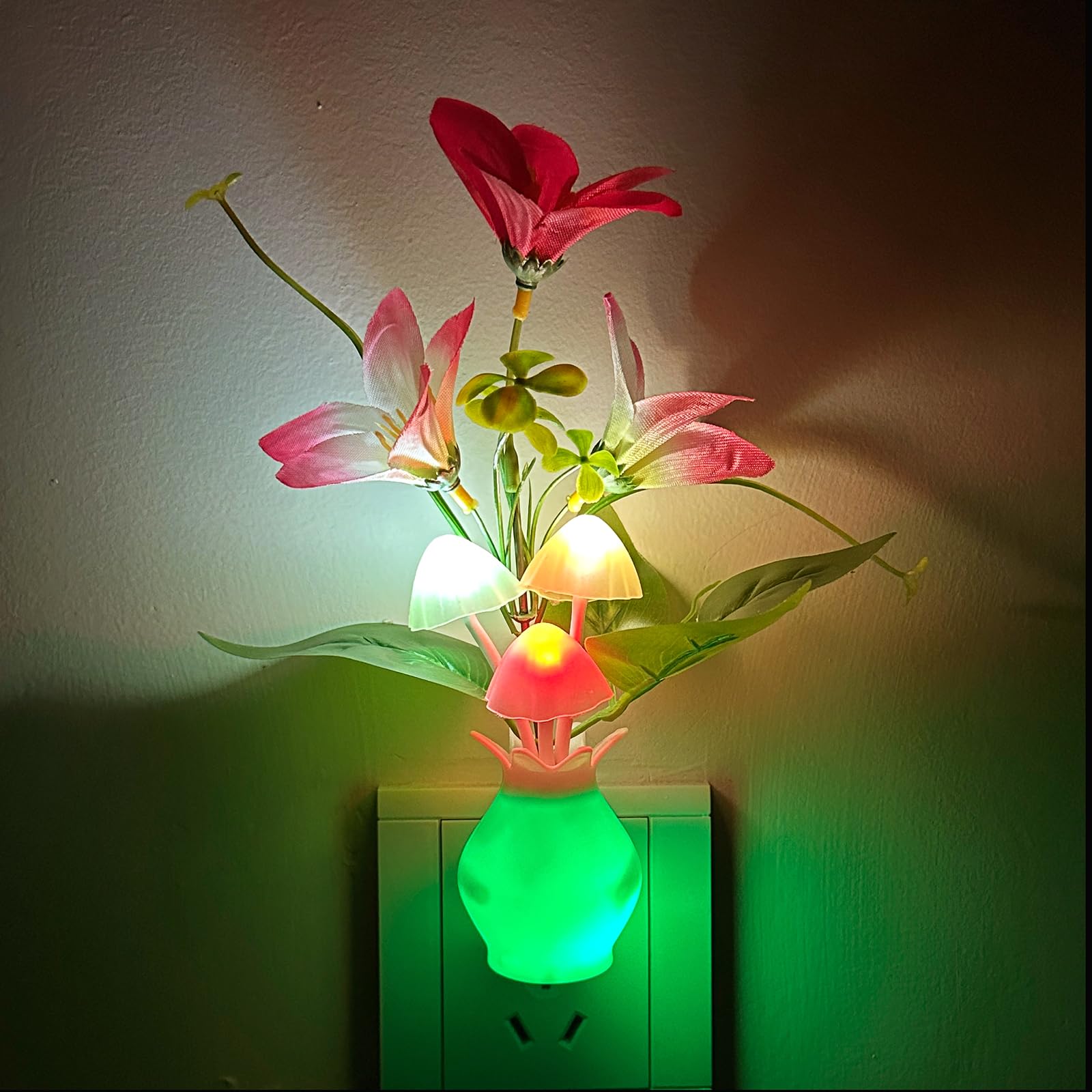 Plug-In Night Light With Auto Light Sensor, Rgb Led Mushroom Night Light Wall Based Flower Lamp 1W Energy Efficient Nursery Nigh