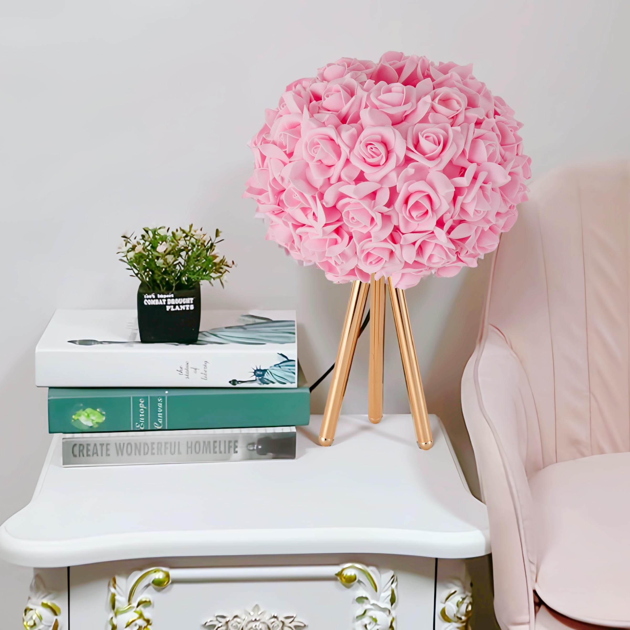 Zyleisenbao Pink Rose Flower Lamp Cute Table Lamp Flower Desk Lamp Floral Bedside Nighstand Light Atmosphere Girls Princess Lamp With Gold Tripod For Bedroom Wedding Christmas Gift Hotel Living Room