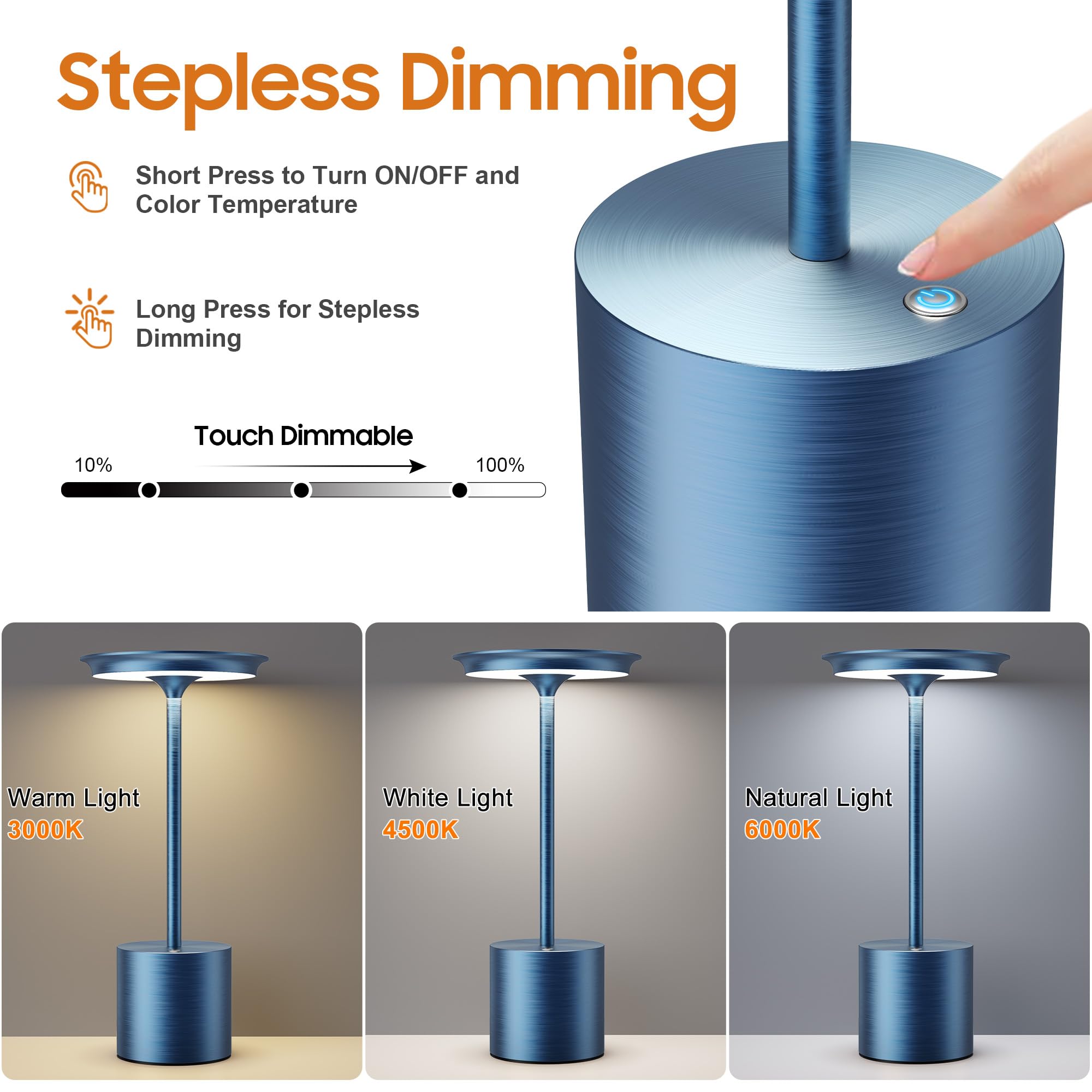 Sikevht Cordless Table Lamp, LED Portable Rechargeable, 6000mAh, 3 Color Dimming, Aluminum, 2Pack Blue, Model S823