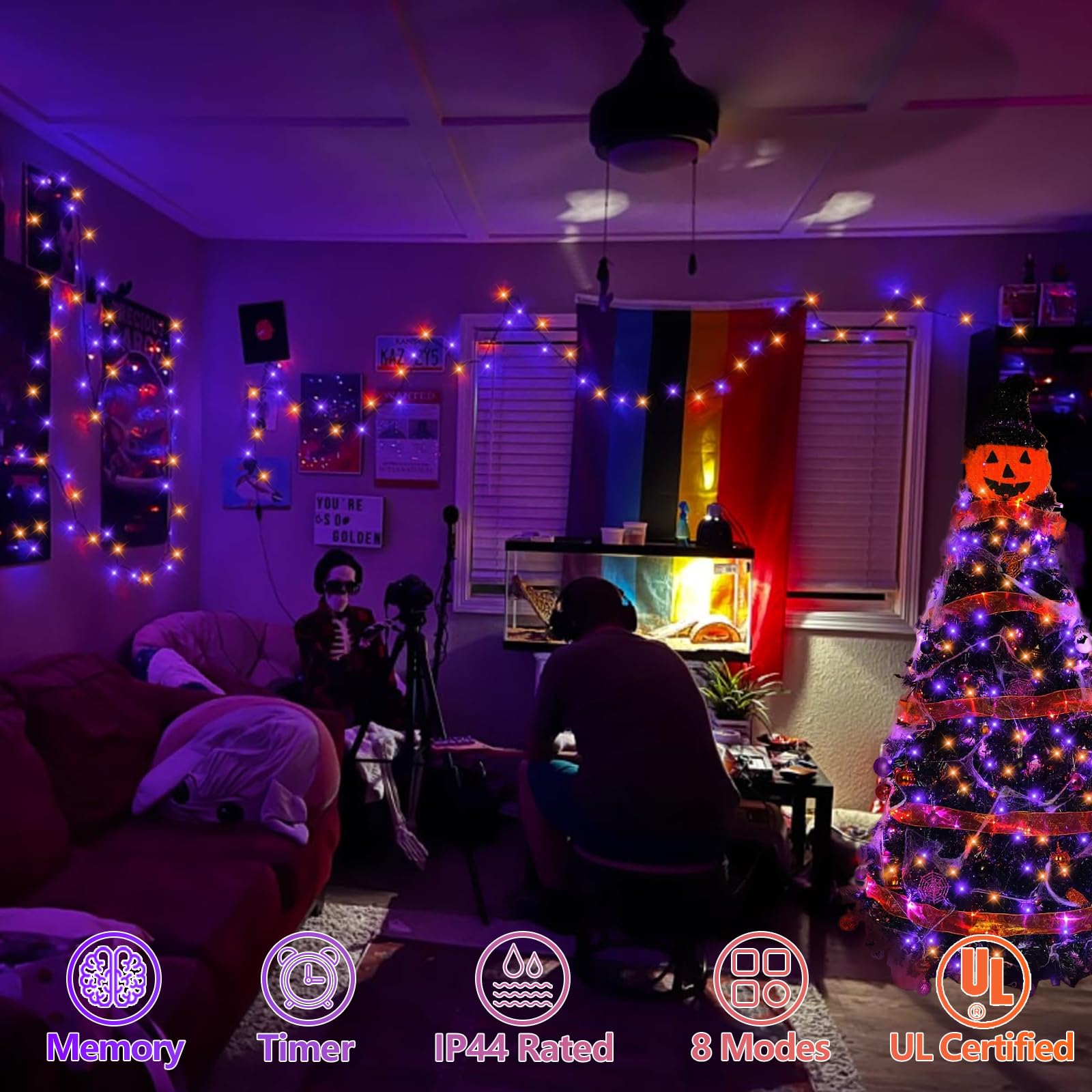Yeguo 165Ft 500 Led Halloween Lights Outdoor Waterproof  Orange And Purple String Lights Indoor  Green Wire Christmas Tree Lights Plug In With Timer Memory 8 Modes