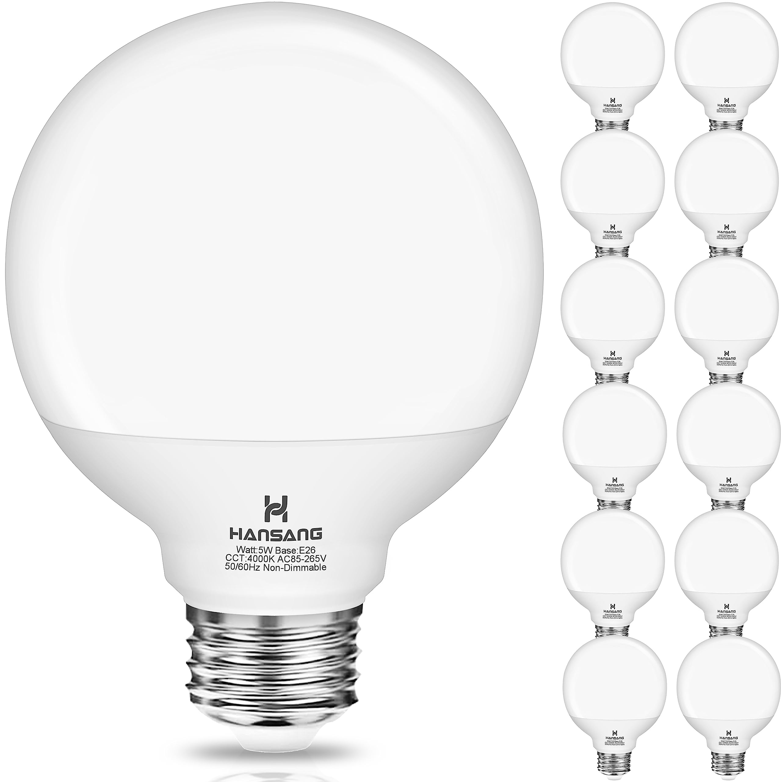 hansang 12 Pack LED Globe Bulbs, 4000K Natural Daylight, E26 Base, 60W Equivalent, G25, Non-Dimmable, High Light Transmittance