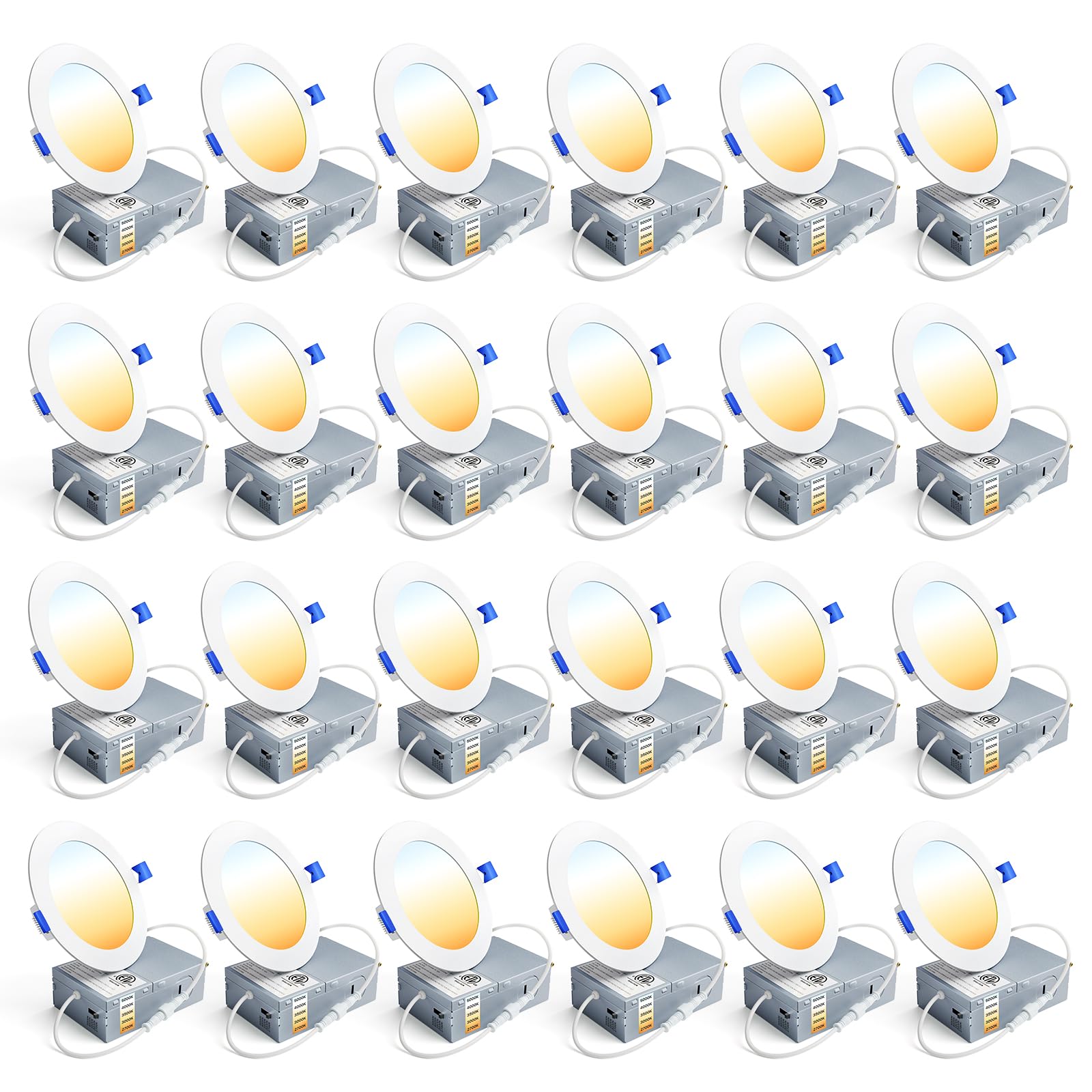Ensenior 24 Pack 4 Inch LED Recessed Ceiling Light, Dimmable, 2700K-5000K 5CCT, 750LM 9W 120V, High Brightness Canless Wafer Dow