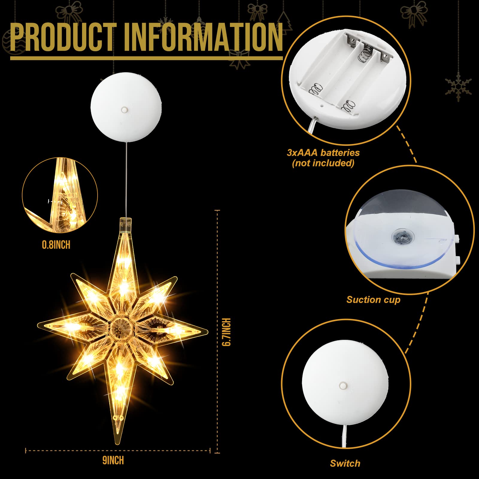 VIHOSE LED Christmas Window Lights - 10.6 Inch Bethlehem Silhouette, Yellow Plastic, Set of 3 for Tree & Window Ornaments
