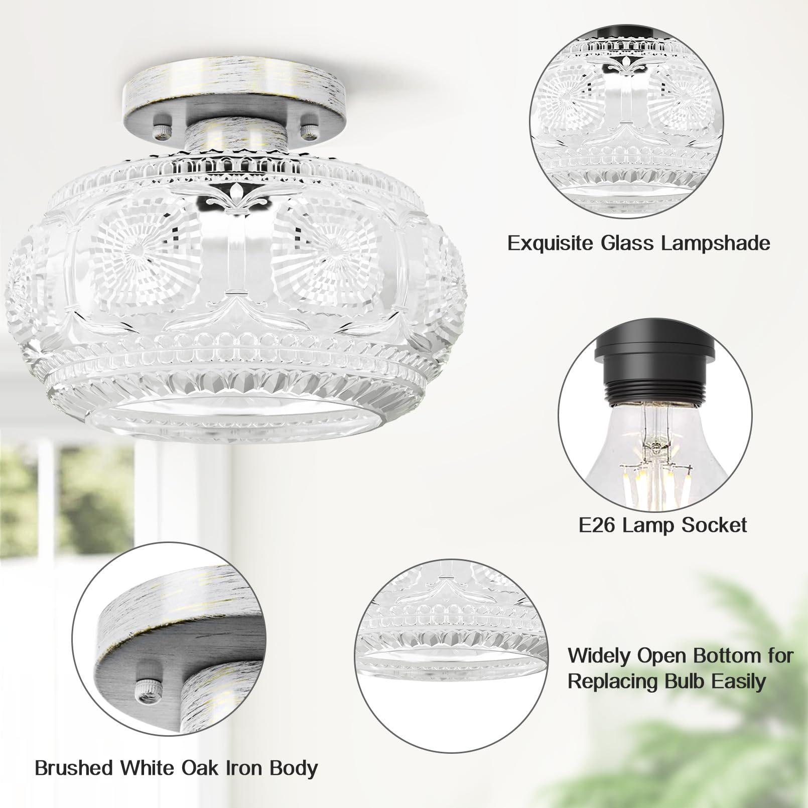 Oykyohei Semi Flush Mount Ceiling Light, Globe Glass Ceiling Light Fixture, Brushed White Oak Modern Lighting For Hallway Bedroo