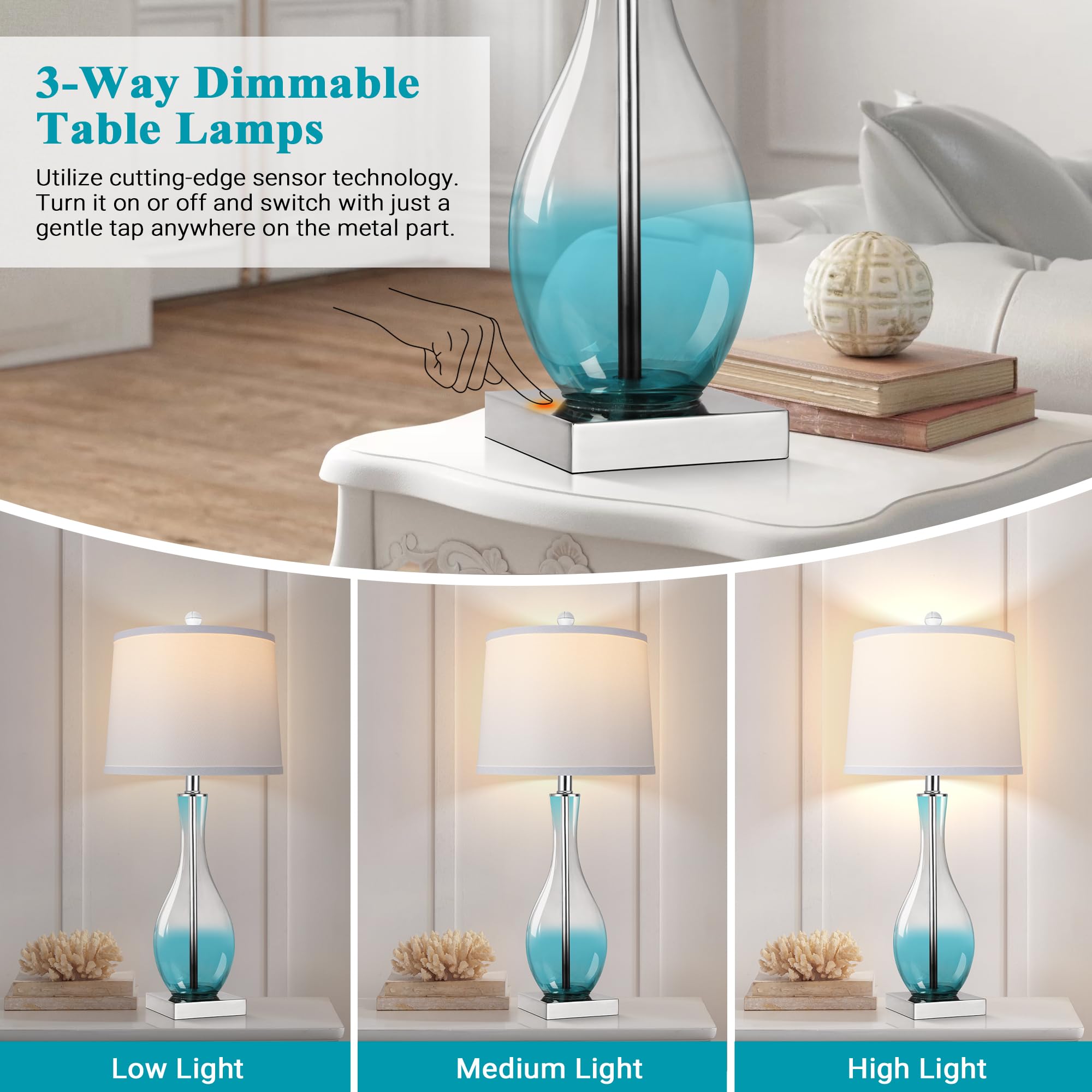 WIHTU Table Lamps Set of 2, 27in Touch Control, 3-Way Dimmable, Glass, Blue, USB Charging Ports, Model WTLP357AL2