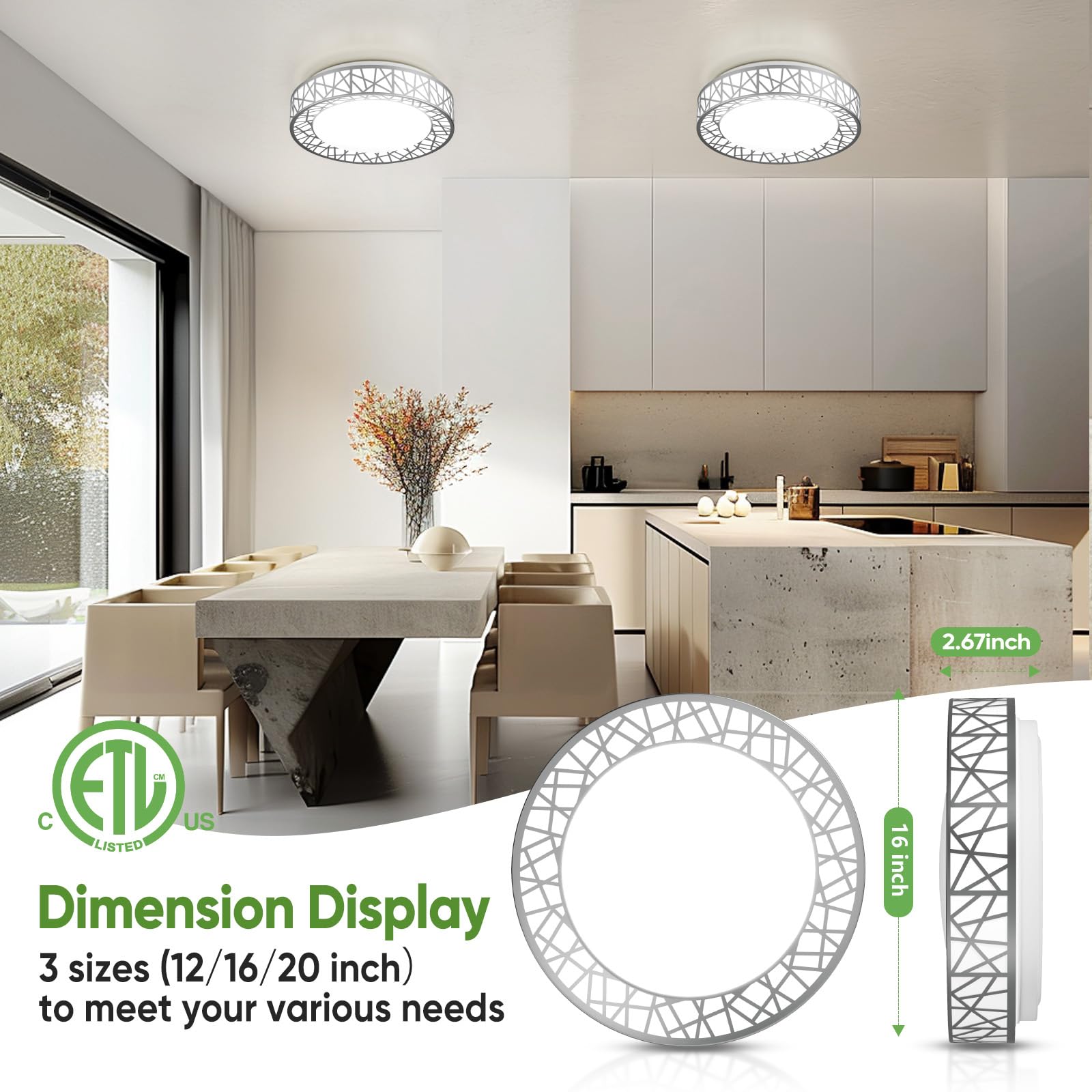 Lightania 16" Brushed Nickel LED Flush Mount Ceiling Light, Dimmable, 28W 2800LM, Adjustable 2700-6500K, Model LXD02-L16