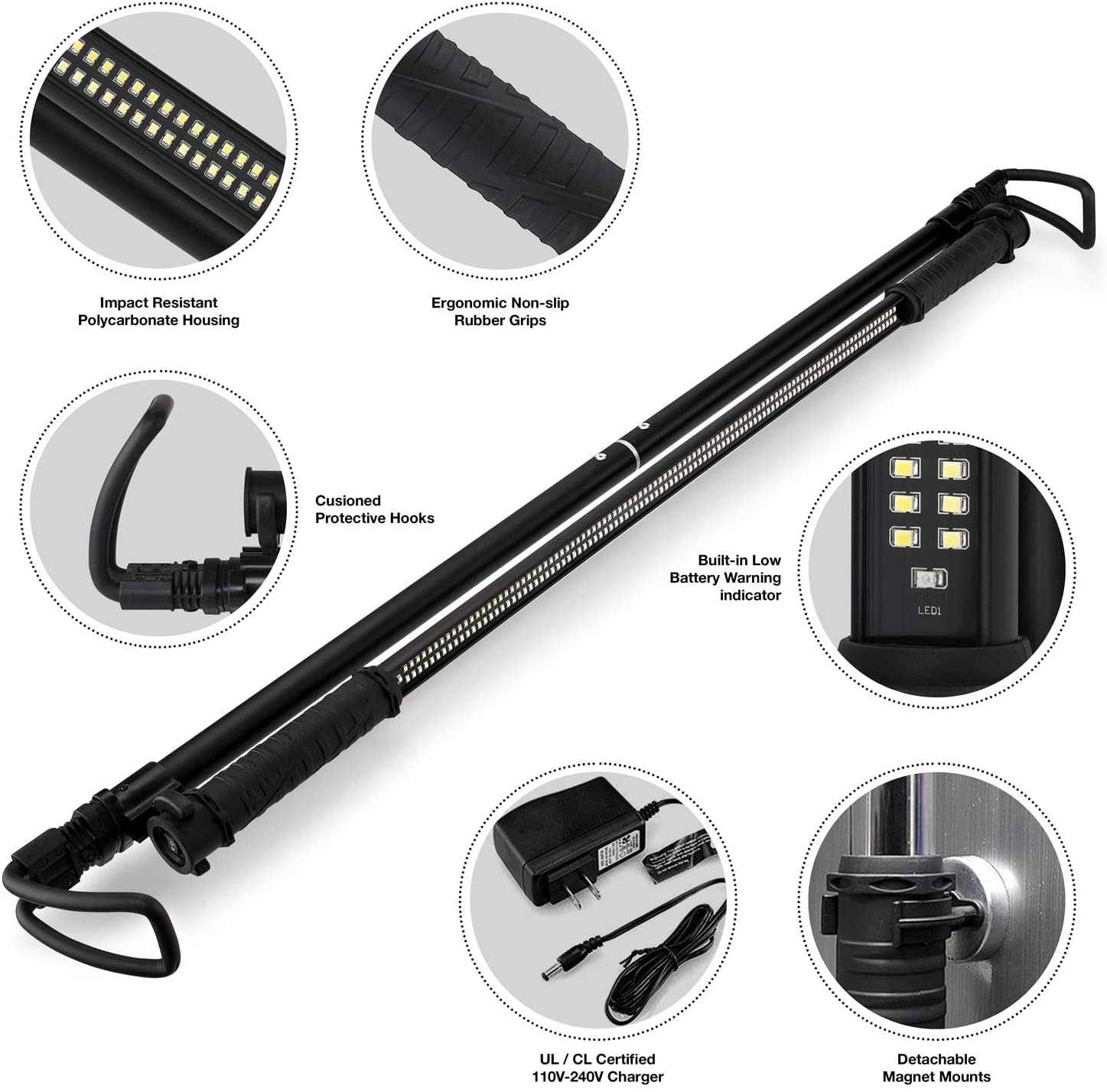 Neiko 40447A Rechargeable Cordless Underhood Work Light, 202 Smd Led Light Bar With Max 1,200 Lumens, Li-Ion Battery, And 2 Brightness Modes