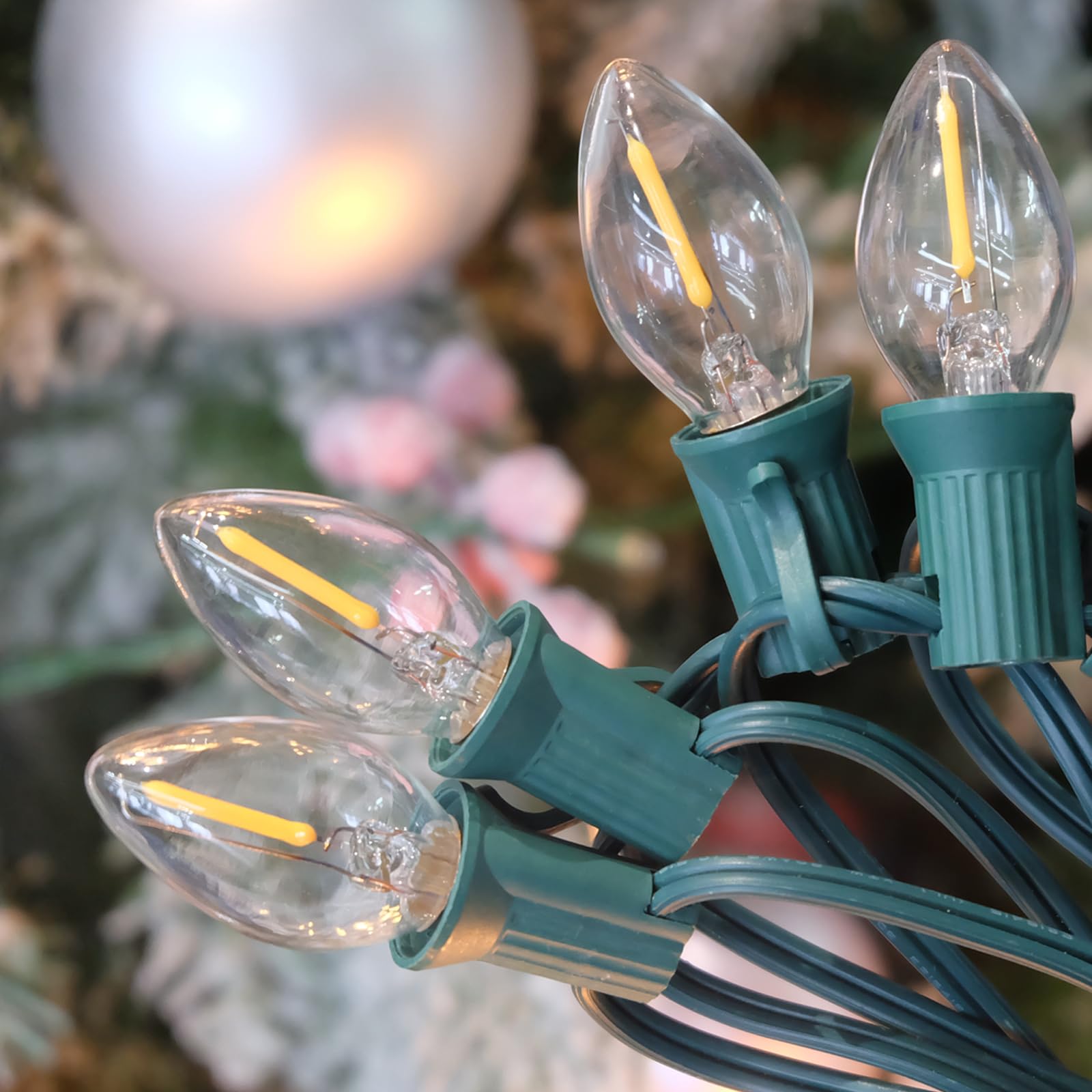 C7 LED Clear Christmas String Lights Outdoor, 25FT Connectable Hanging Christmas Lights with 27 0.6W Bulbs(2 Spare), Vintage Chr