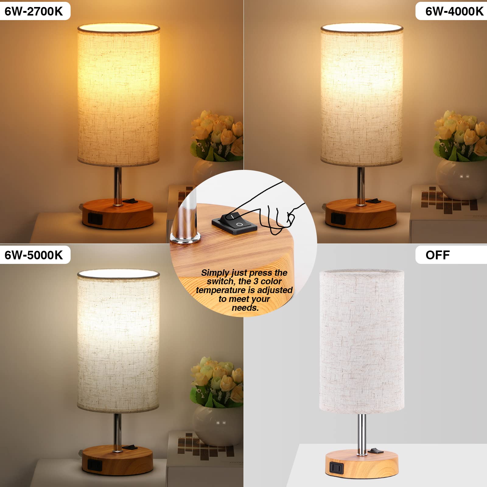 Zjojo Table Lamp Bedside Lamps For Bedroom, Bedside Lamps Set Of 2 With 3 Way Dimmable Using Rocker Switch Nightstand Lamp Night