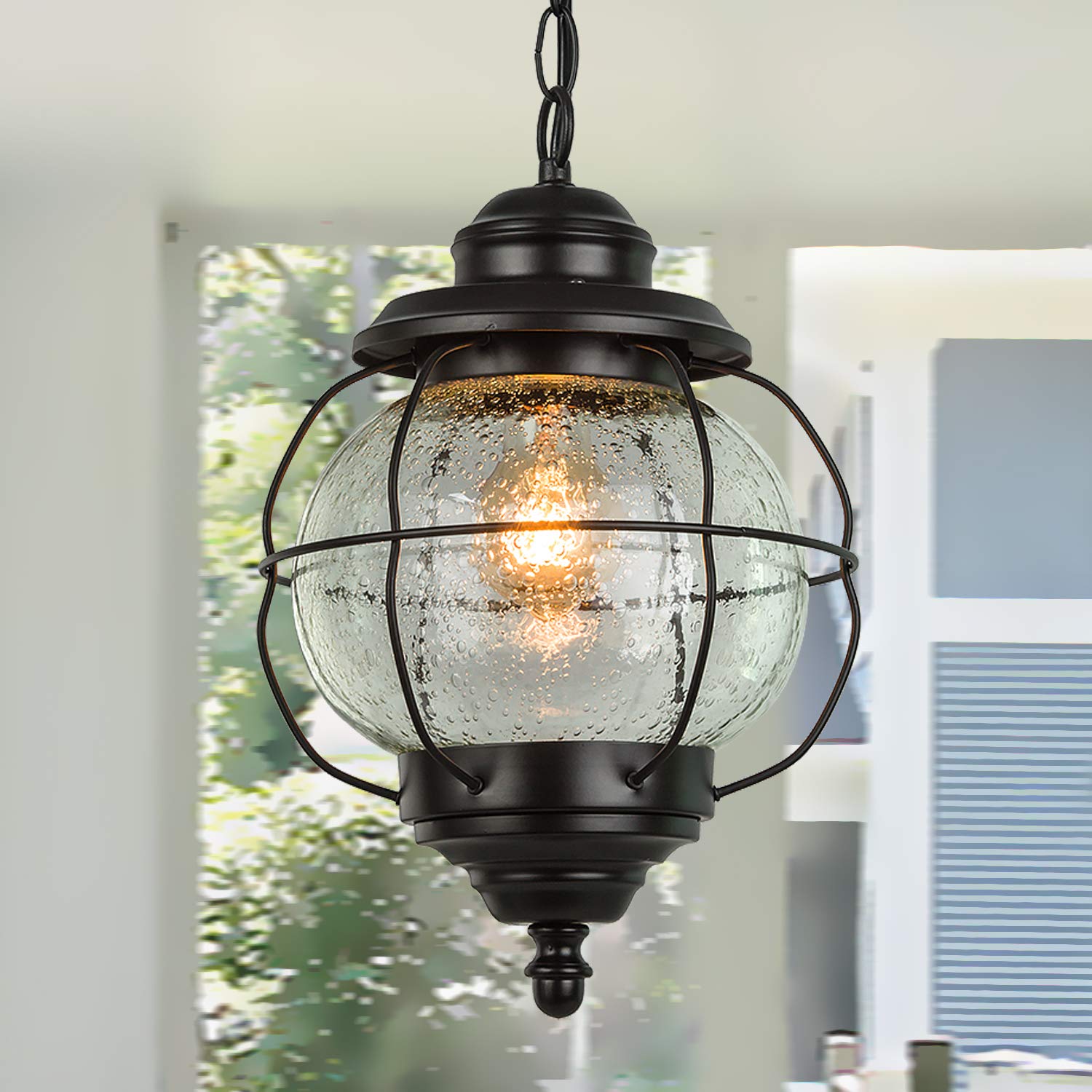 LALUZ Outdoor Pendant Light, 1-Light Black Metal Fixture with Clear Bubbled Glass Globe, Farmhouse Design for Porch, Gazebo, Patio