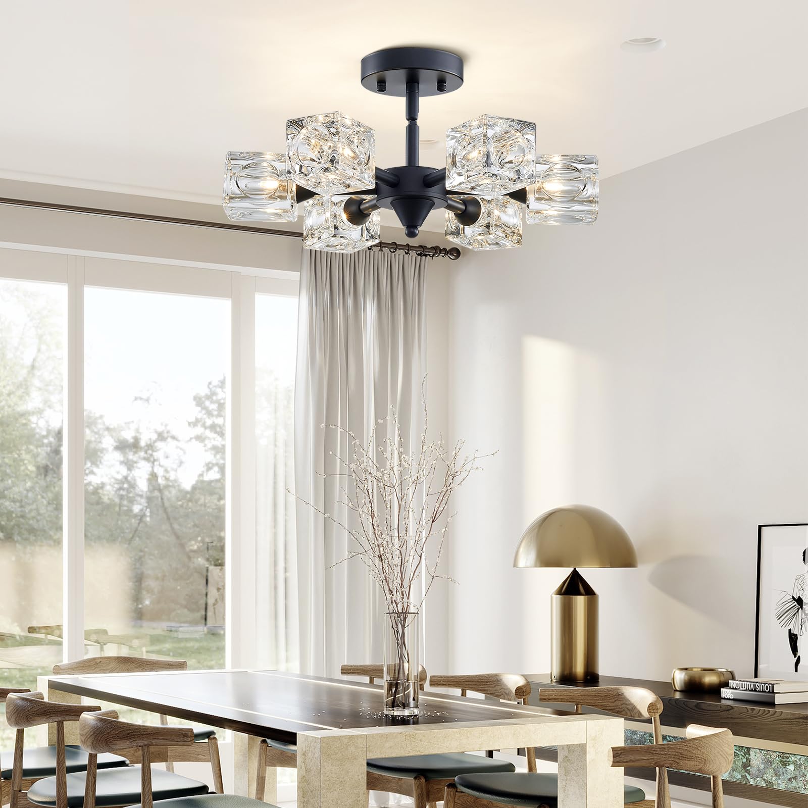Peskoe 16.9'' Industrial Black Semi Flush Mount Ceiling Light Fixture, Modern 6 Lights Sputnik Chandelier, Glass Lamp For Office