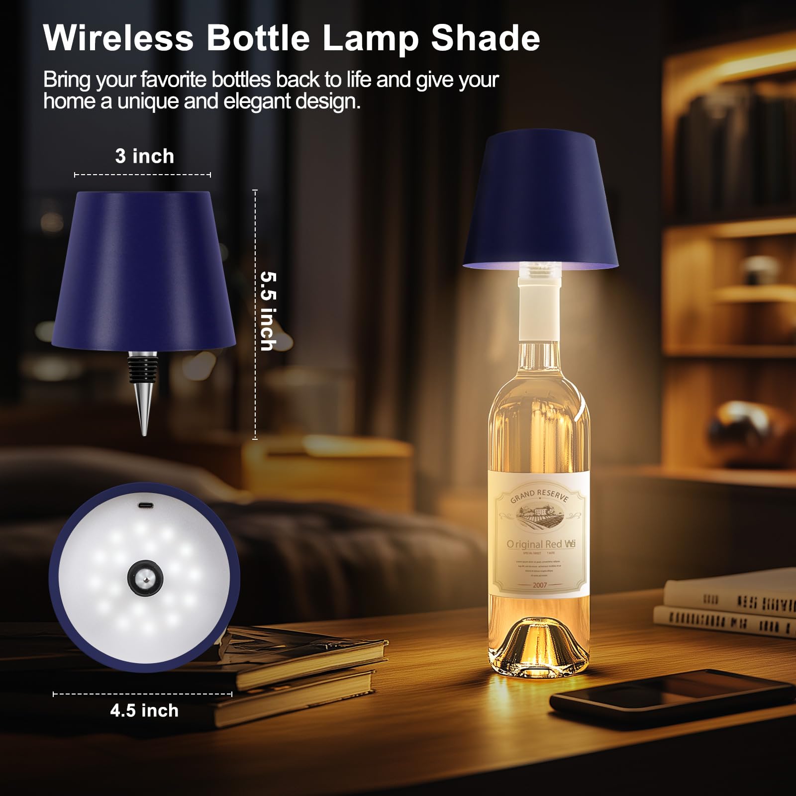 Mebaraul Wine Bottle Lamp - 3 Color Rechargeable Wireless - Touch Dimming - 4.2 in - Royal Blue - Model 1063296