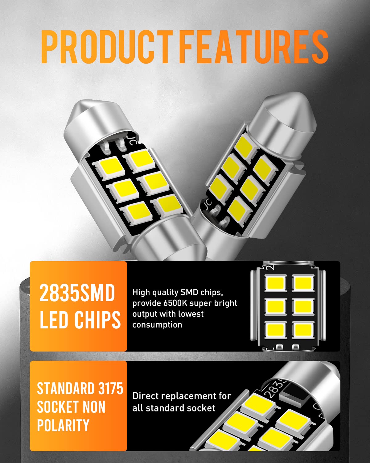 LUYED 2 X Super Bright 2835 6-EX Chipsets Error Free 1.25 inches DE3175 DE3021 DE3022 3175 LED Bulbs Used For Dome light,Xenon W