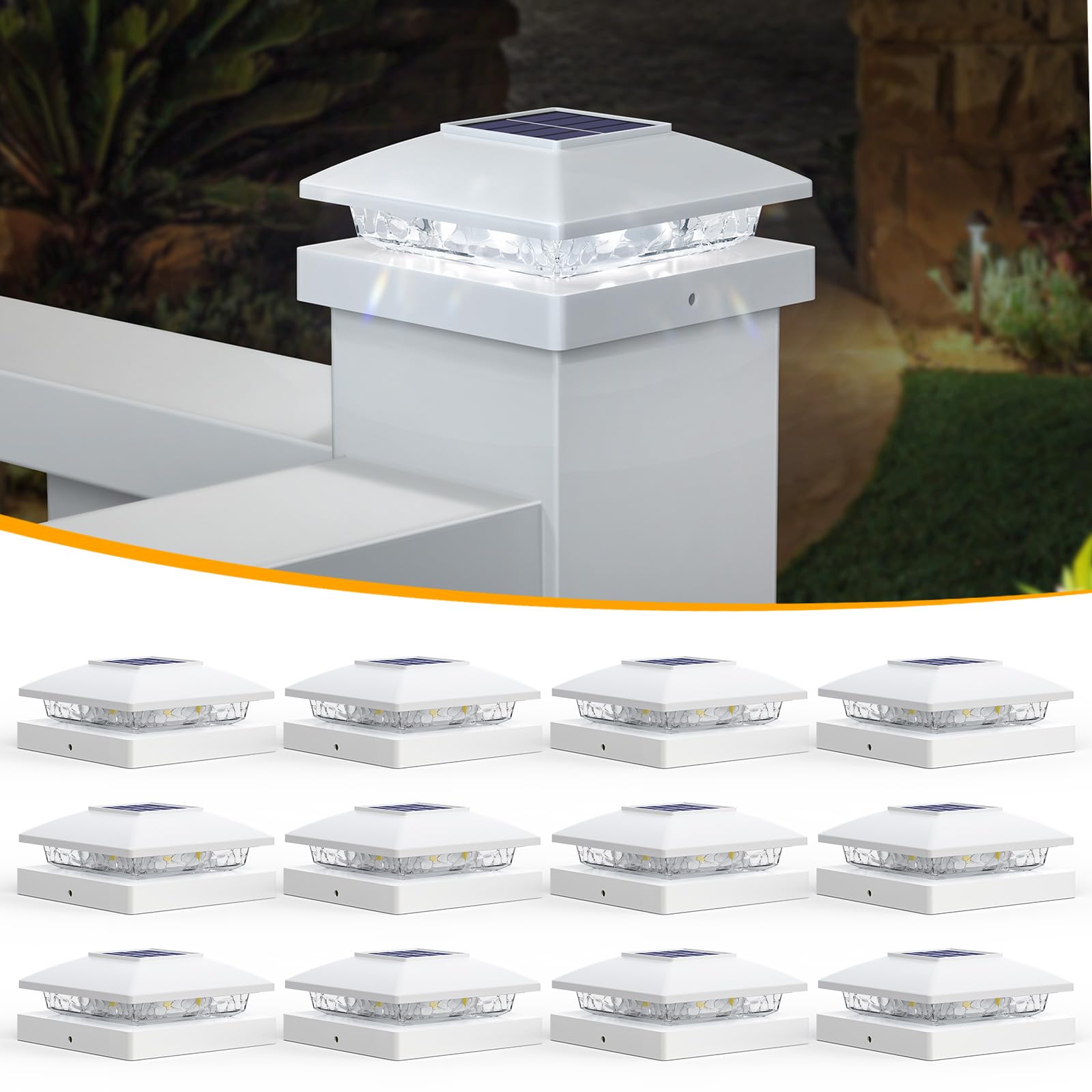 APONUO Solar Post Cap Lights, Bright Cool White LED, IP64 Waterproof, 12 Pack, Fits 4x4 & 5x5 Posts, Plastic, Model TZ10W1,