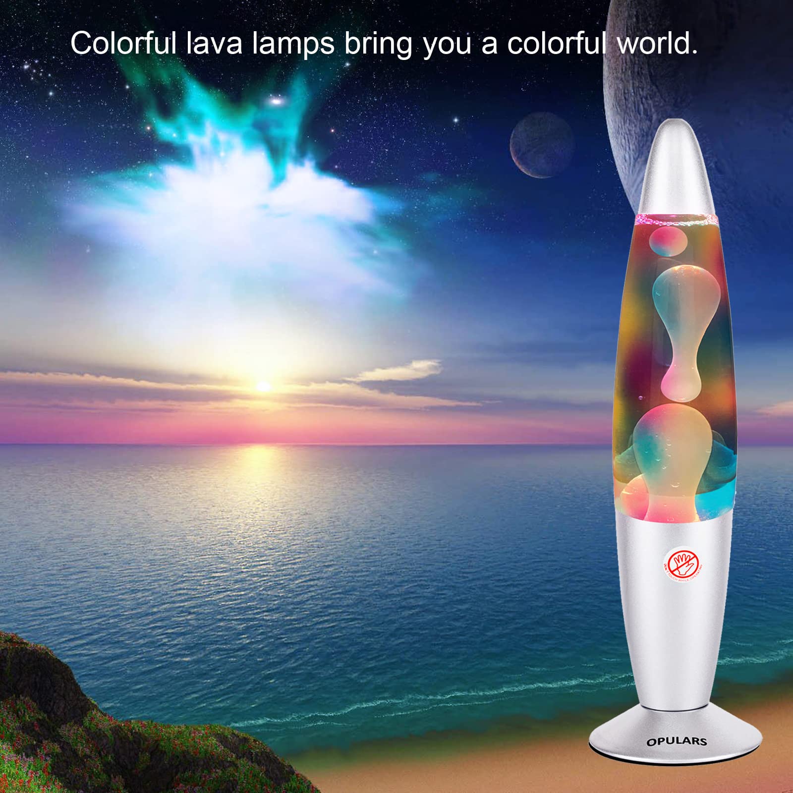 OPULARS Colorful Magma Lamp Rainbow Liquid Motion Lamps for Adults/Kids, 16-inch Silver Base Lamp with White Wax in Clear Liquid