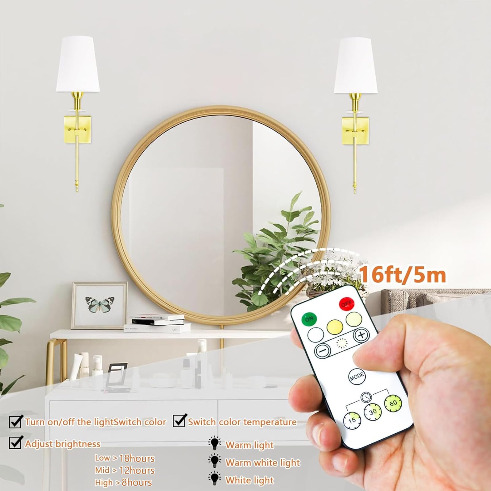 Tootoo Star Slim Wall Light Battery Operated Sconce Set Of 2,Not Hardwired Fixture,Battery Powered Wall Sconce With Remote Dimma