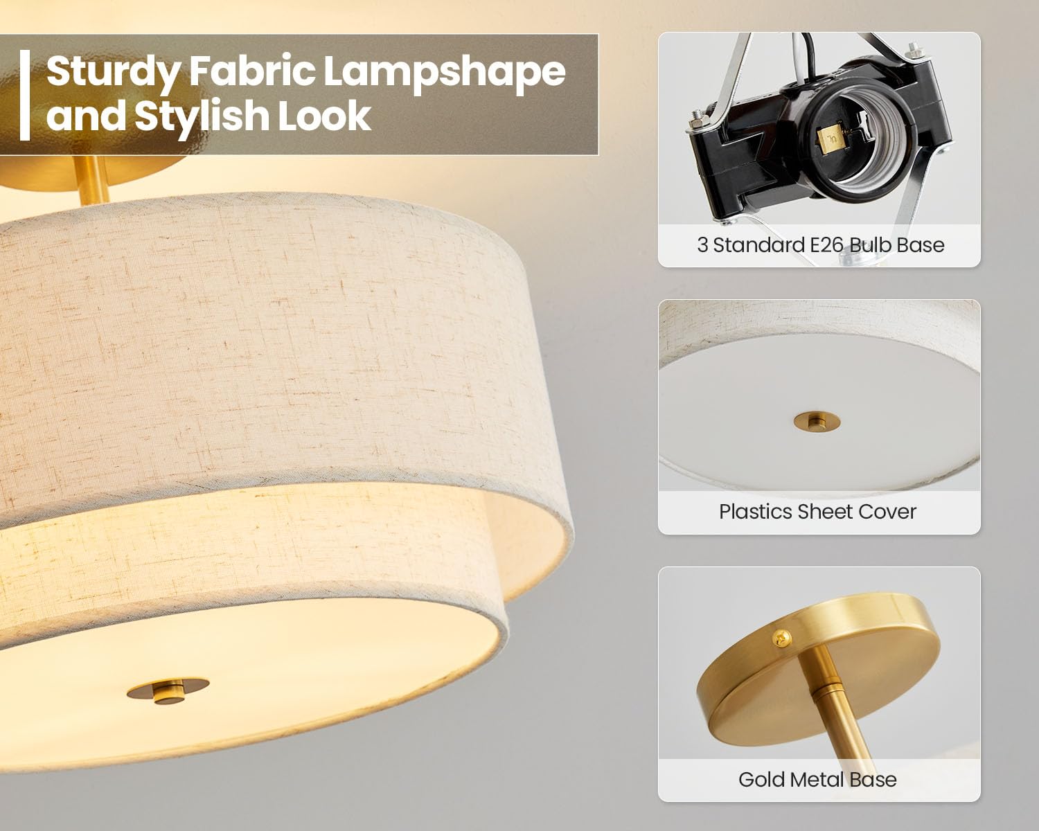 Dgroositon Double Drum 3-Light Semi Flush Mount Ceiling Light, 16" Gold Brass with Fabric Linen Shade for Living Room, Bedroom, Dining Room