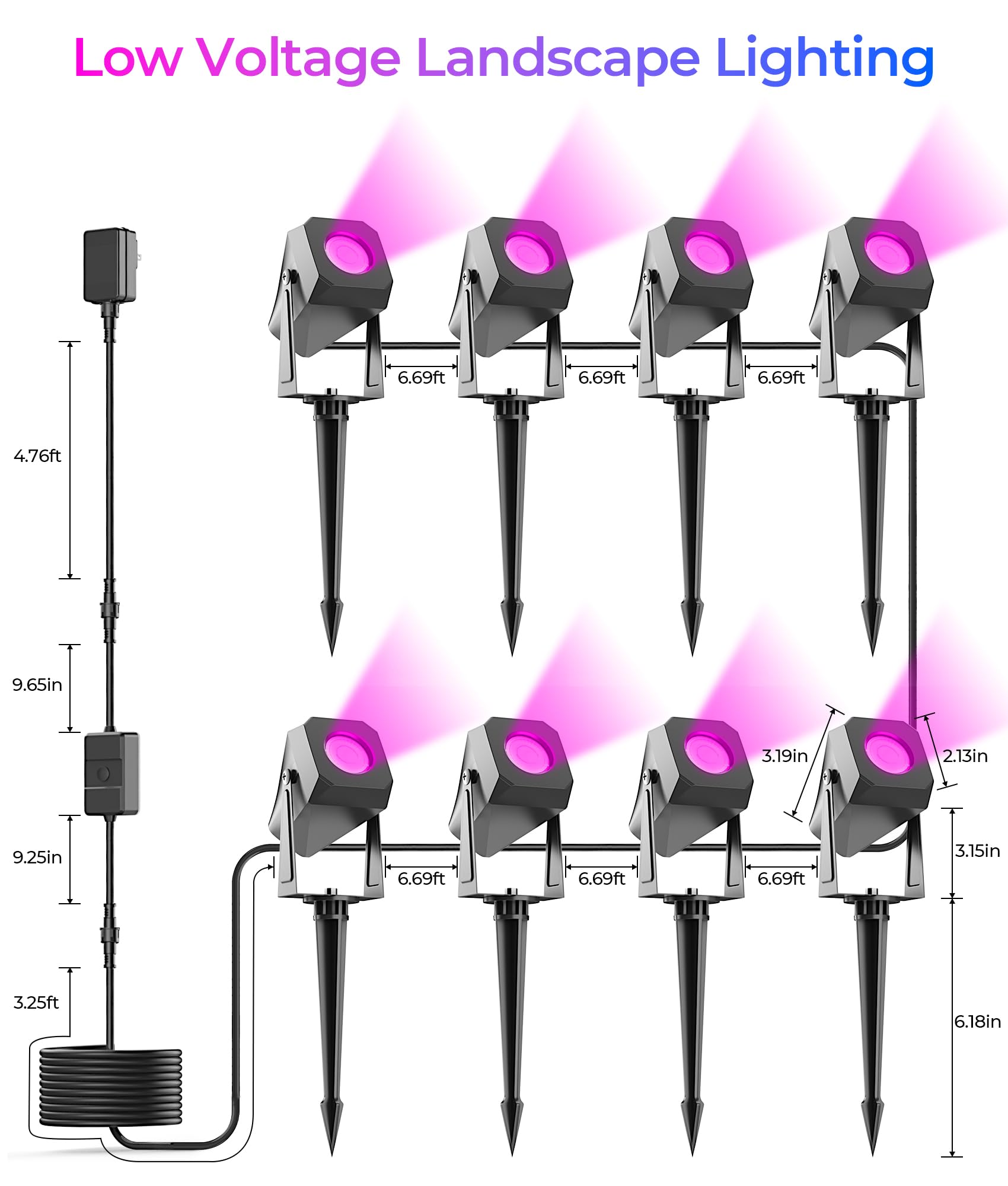 DeckTok RGB Landscape Lighting - 8 Pack Waterproof LED Spotlights for Outdoor Pathway & Garden, Remote Control, Multicolor, Model DP8-RGB