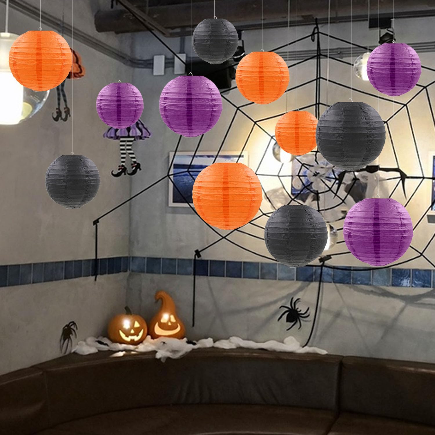 Pheila 12 Pcs Halloween Paper Lanterns - Orange, Black, Purple Party Decorations For Indoor/Outdoor