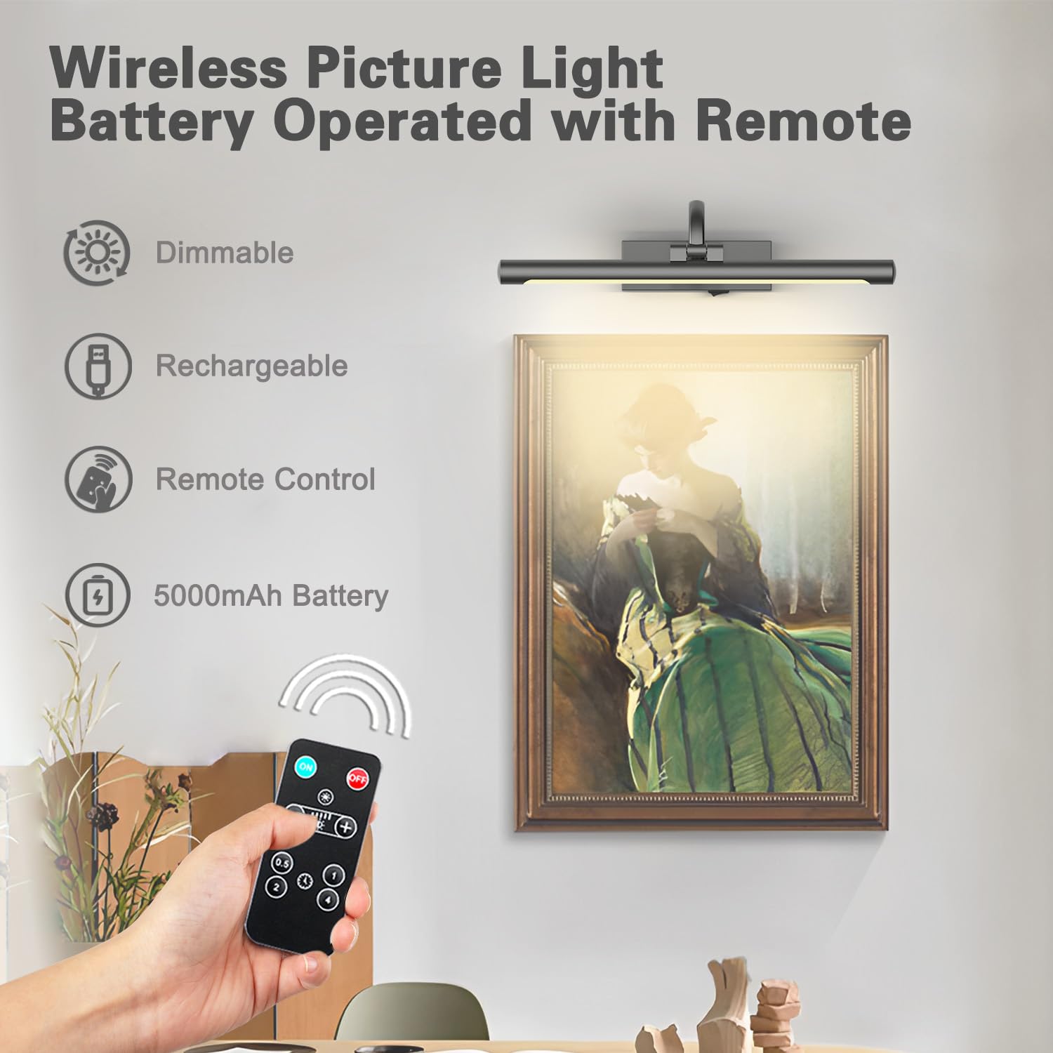 Desoop Battery Operated Picture Lights For Wall, Wireless Painting Lights Dimmable Artwork Lighting With Remote And Timer, Recha