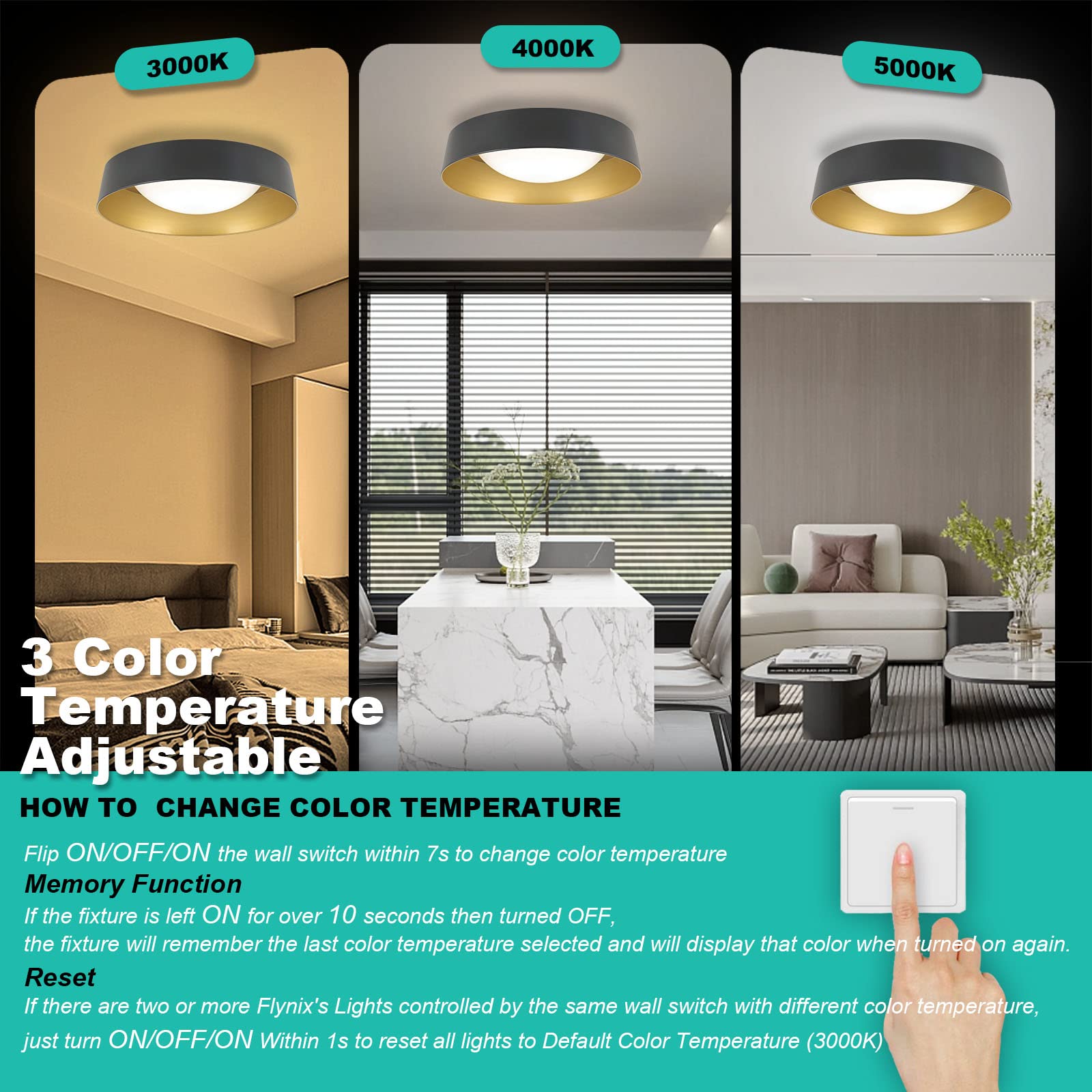 Flynix 15.5 Inch Led Flush Mount Ceiling Light Fixture, 26W, Super Bright 1800 Lumen, 3 Color 3000K/4000K/5000K, Matt Black With