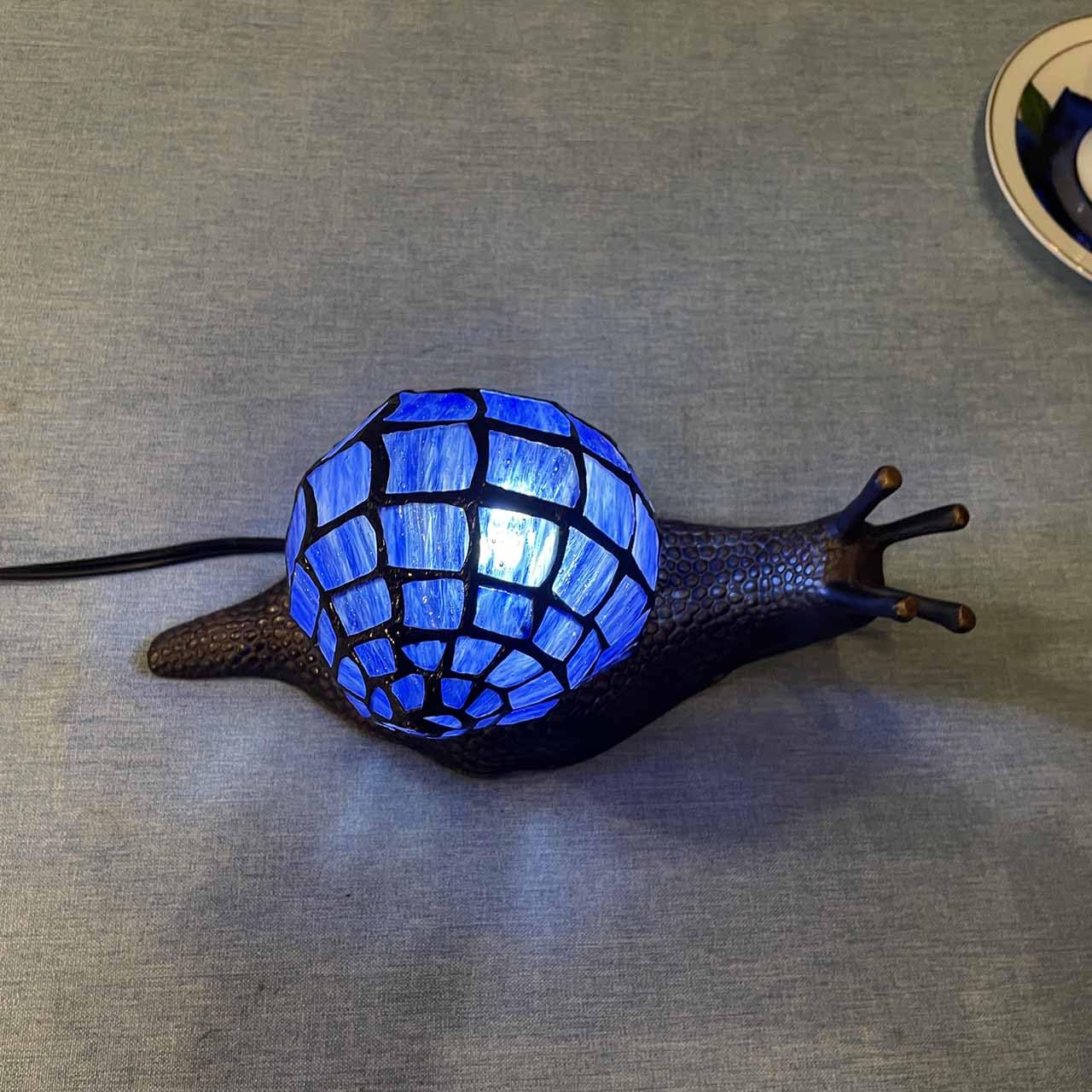 Bieye L10983 Land Snail Tiffany Style Stained Glass Accent Table Lamp For Home Decoration (Blue, 10'' D X 5'' W X 5'' H)