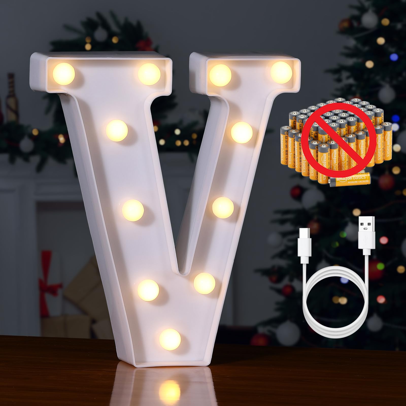 Foaky LED Letter Lights Sign, Rechargeable Warm Light for Home Bar Decoration, Size V, Plastic, Model Recharge-ABS
