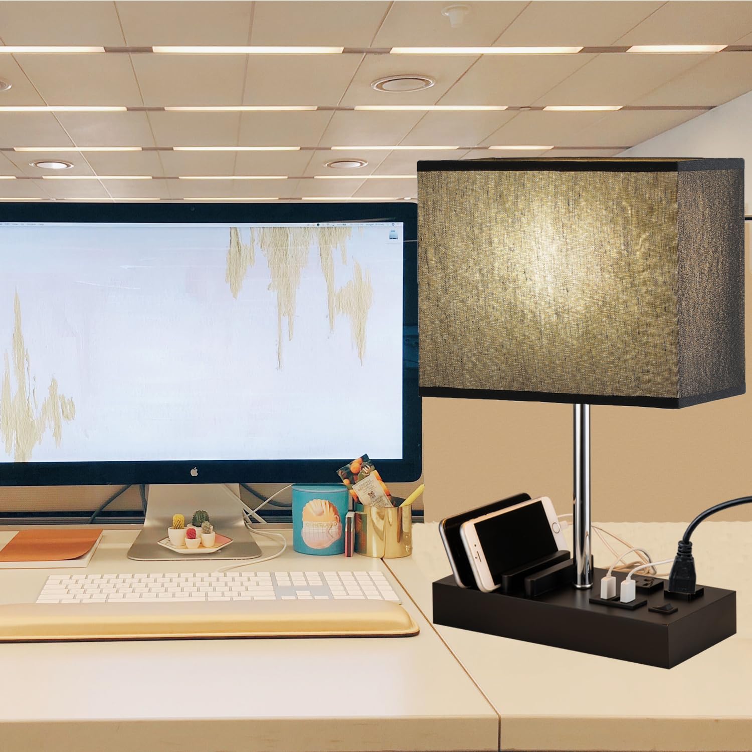 Briever Usb Table Lamp, Multi-Functional Bedside Desk Lamp With 2 Ac Outlets, 3 Usb Charging Ports And Wooden Phone Stand Organi