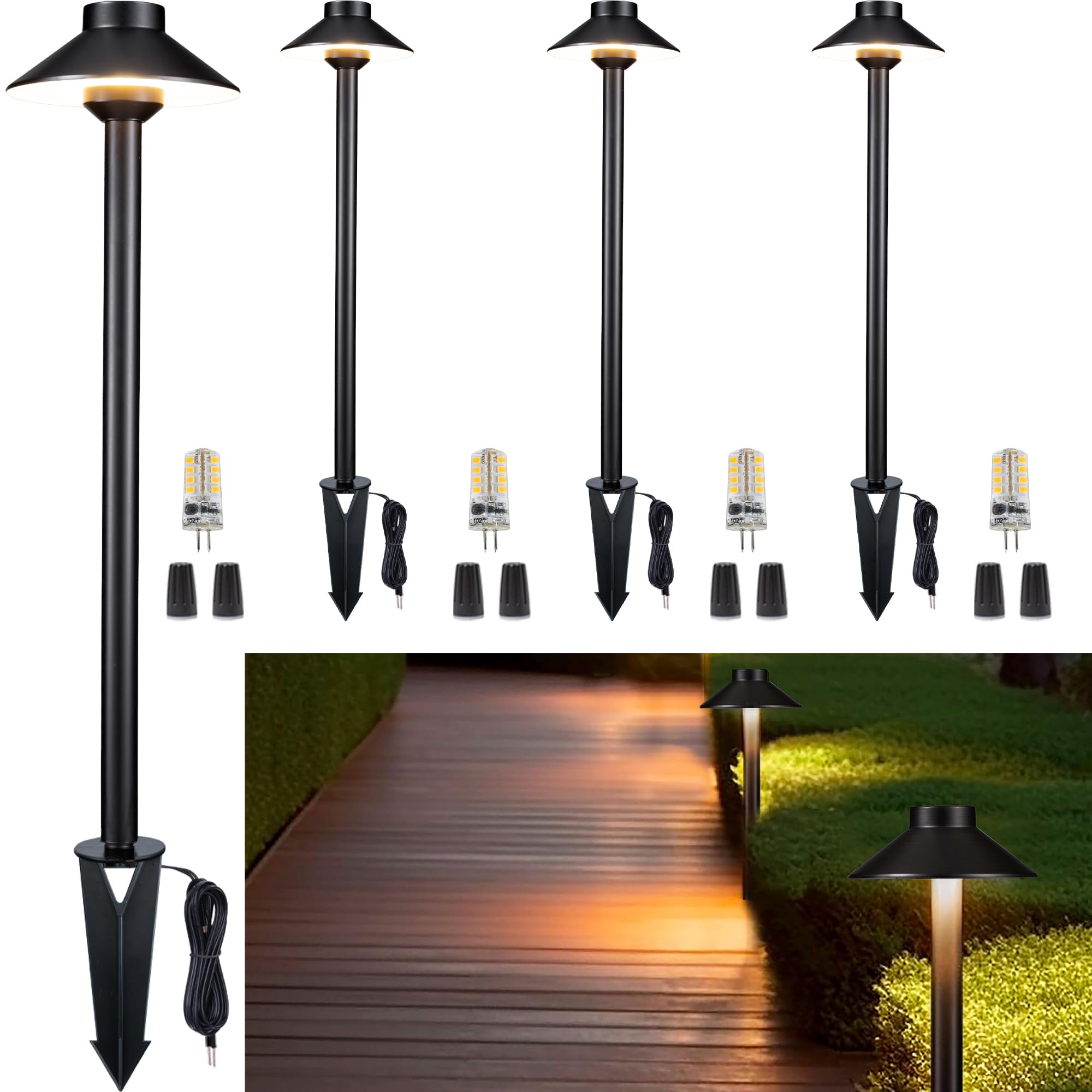 Gardenreet Low Voltage Landscape Lighting Brass - 12v LED Pathway Lights Waterproof, Hardwired Path Light Outdoor, Black for Ext