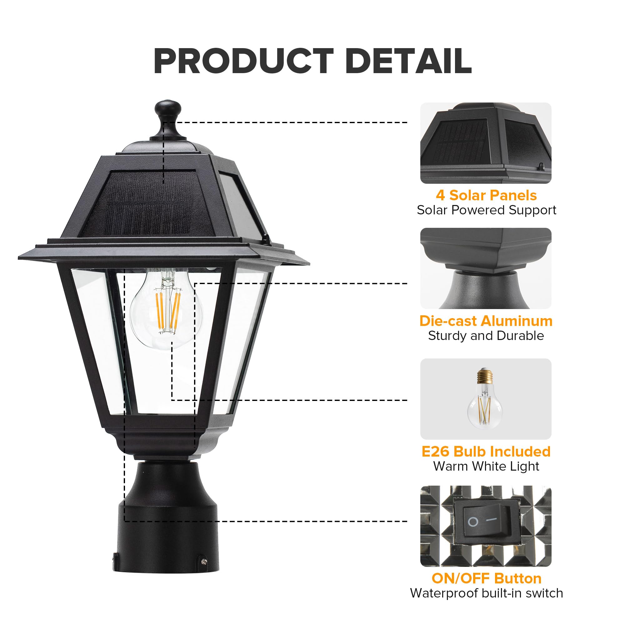 Lutec Led Solar Post Light, Cast Aluminum Solar Lamp Post Light,Dusk To Dawn Waterproof Pole Light Head, 200 Lumens 3-Inch Fitte