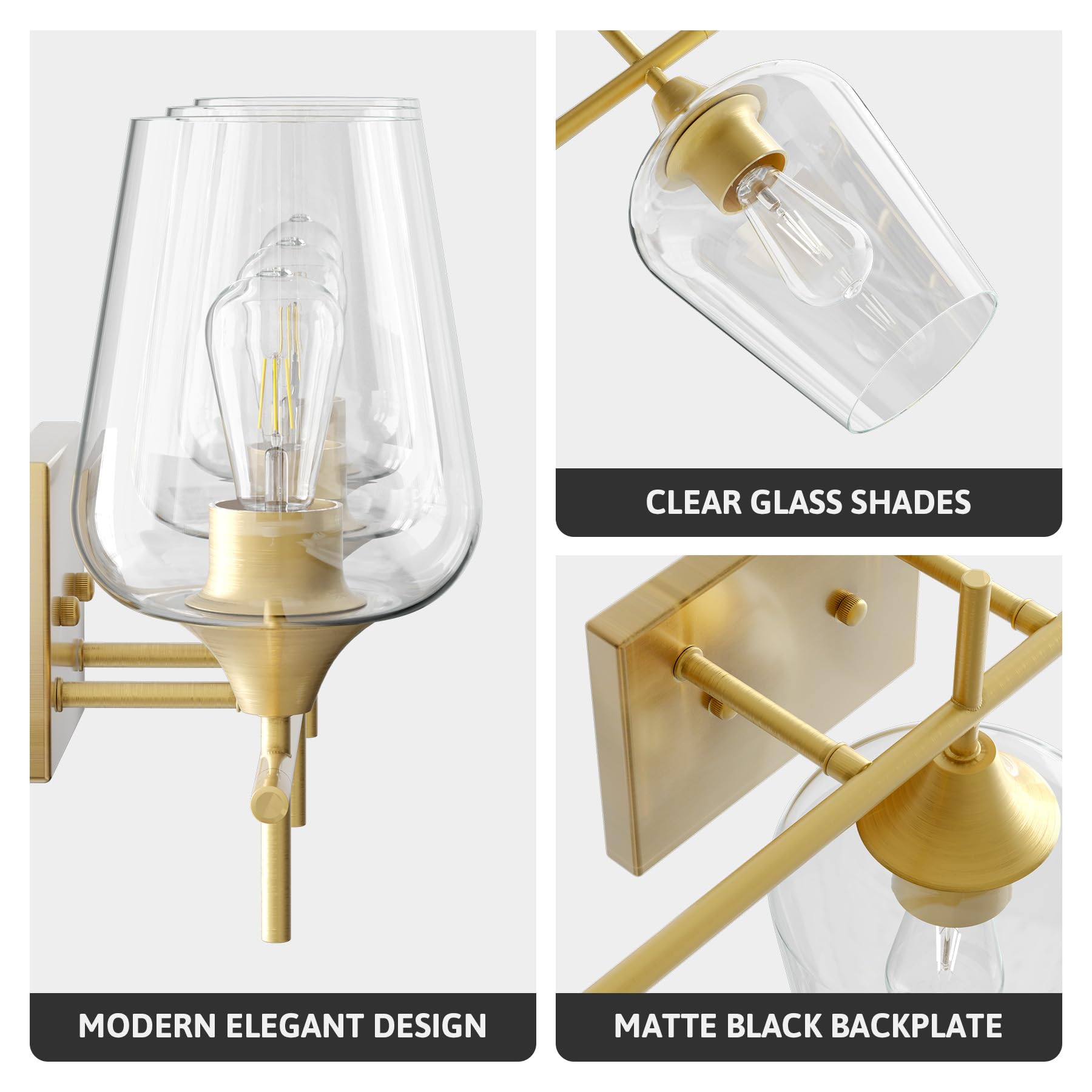 VONLUCE 3-Light Bathroom Vanity Light Fixture, Modern Metal Sconce, Brushed Gold, Clear Glass, Model HCF2803GD