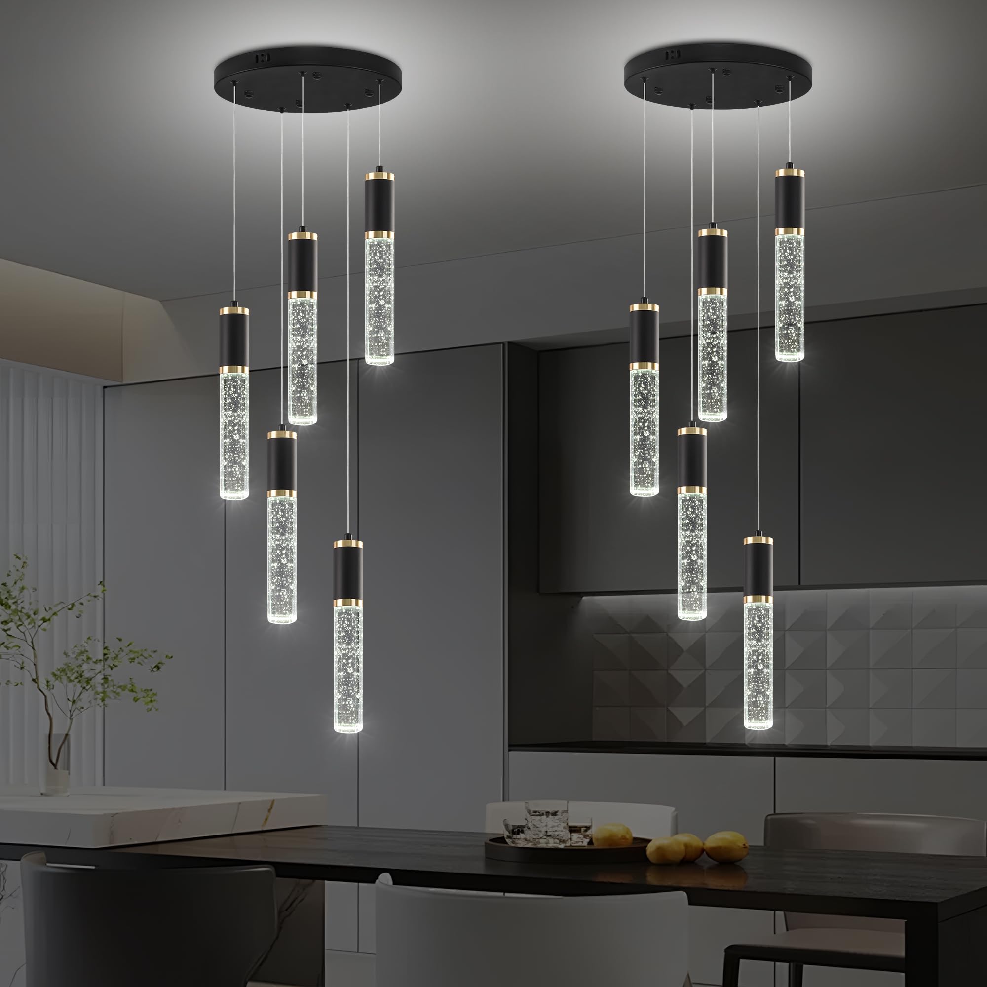 Upfelw Modern Crystal Chandelier for Kitchen Island 5-Lights, Elegant Black Gold LED Bubble Pendant Lighting Fixture for Dining 